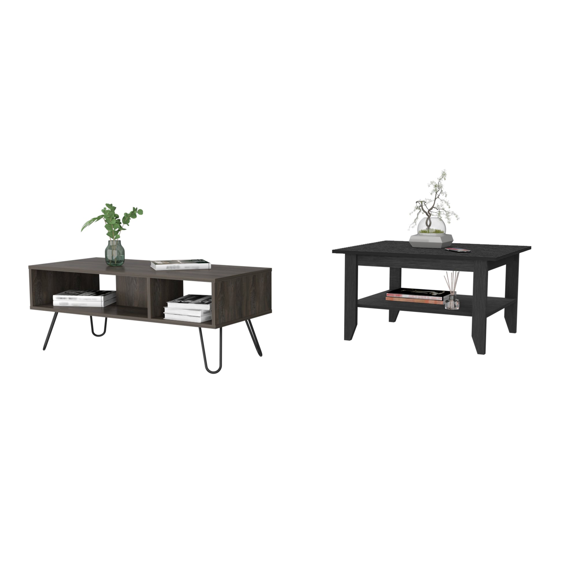 Dark wood coffee table with hairpin legs and open shelving for storage