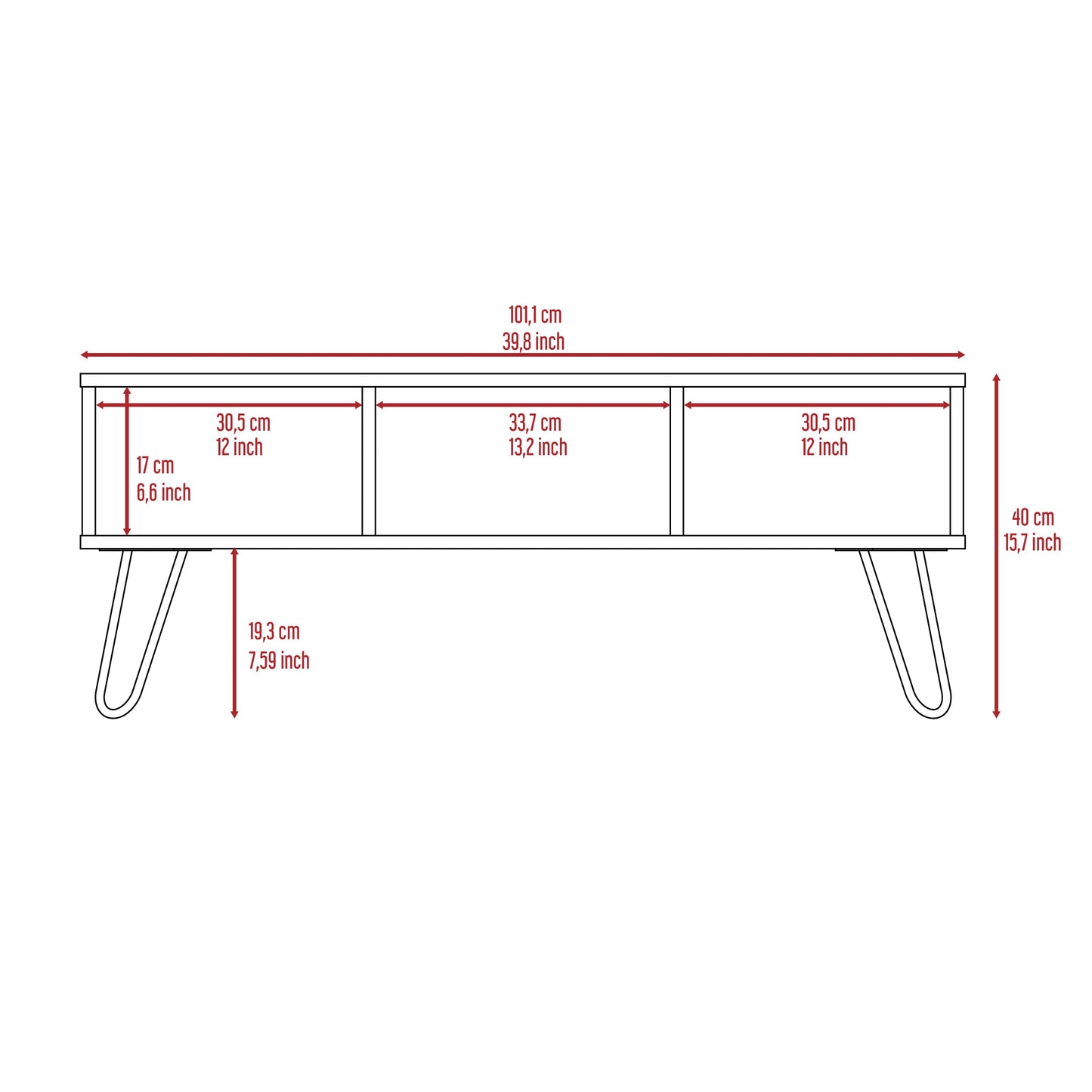 Modern white media console with three open compartments and hairpin legs