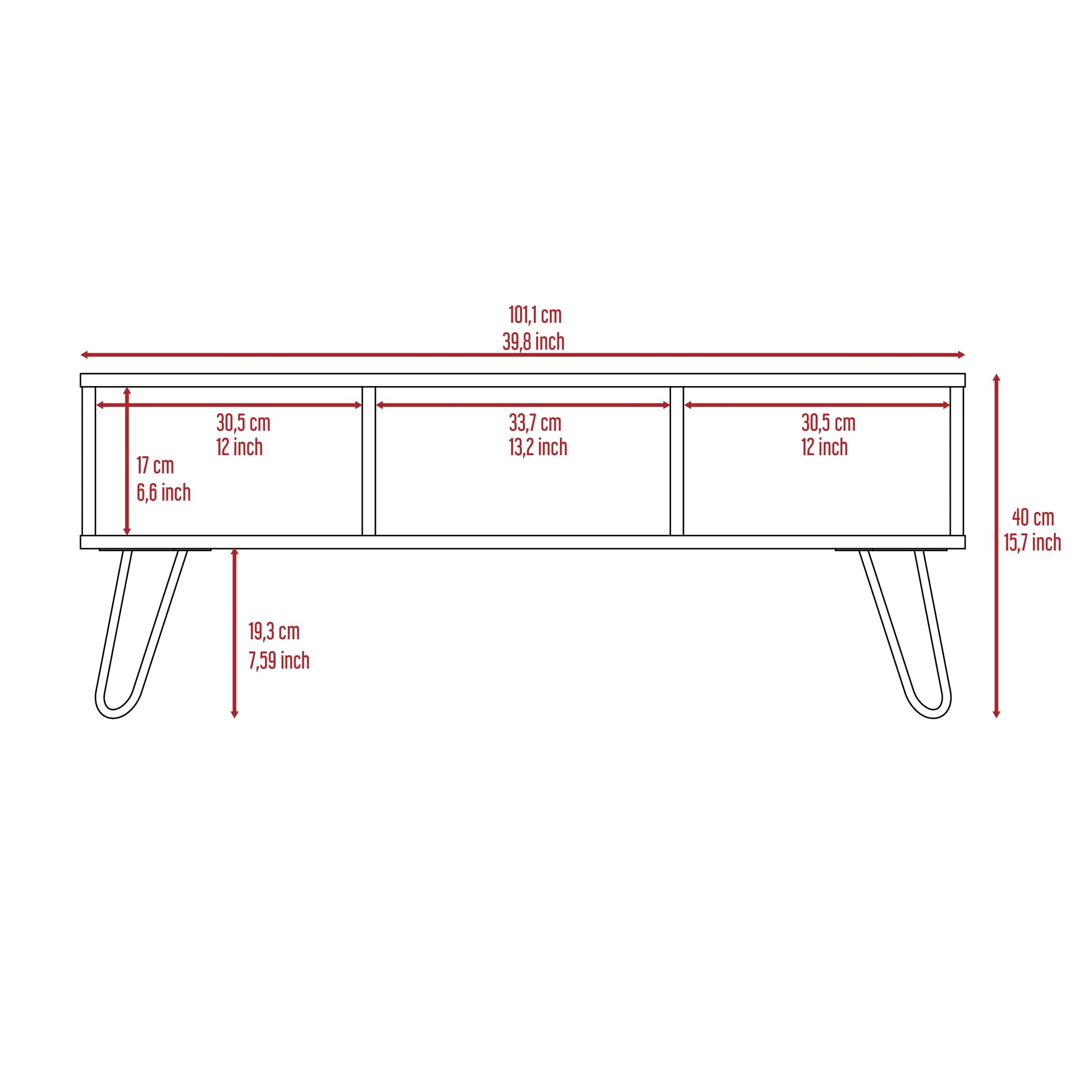 Modern white media console with three open compartments and hairpin legs