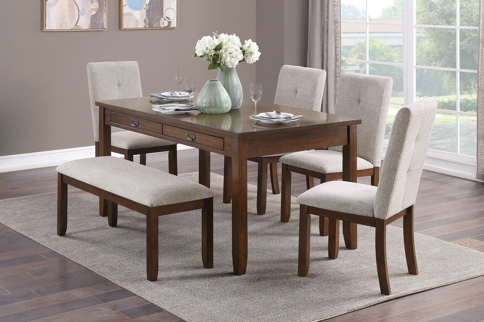 Dark wood dining table with tufted upholstered chairs and bench for a modern dining set