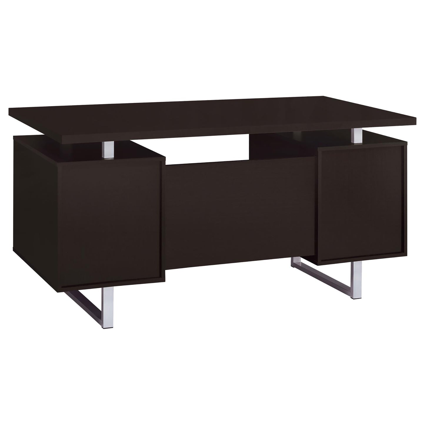 Dark espresso modern office desk with open shelving and silver legs