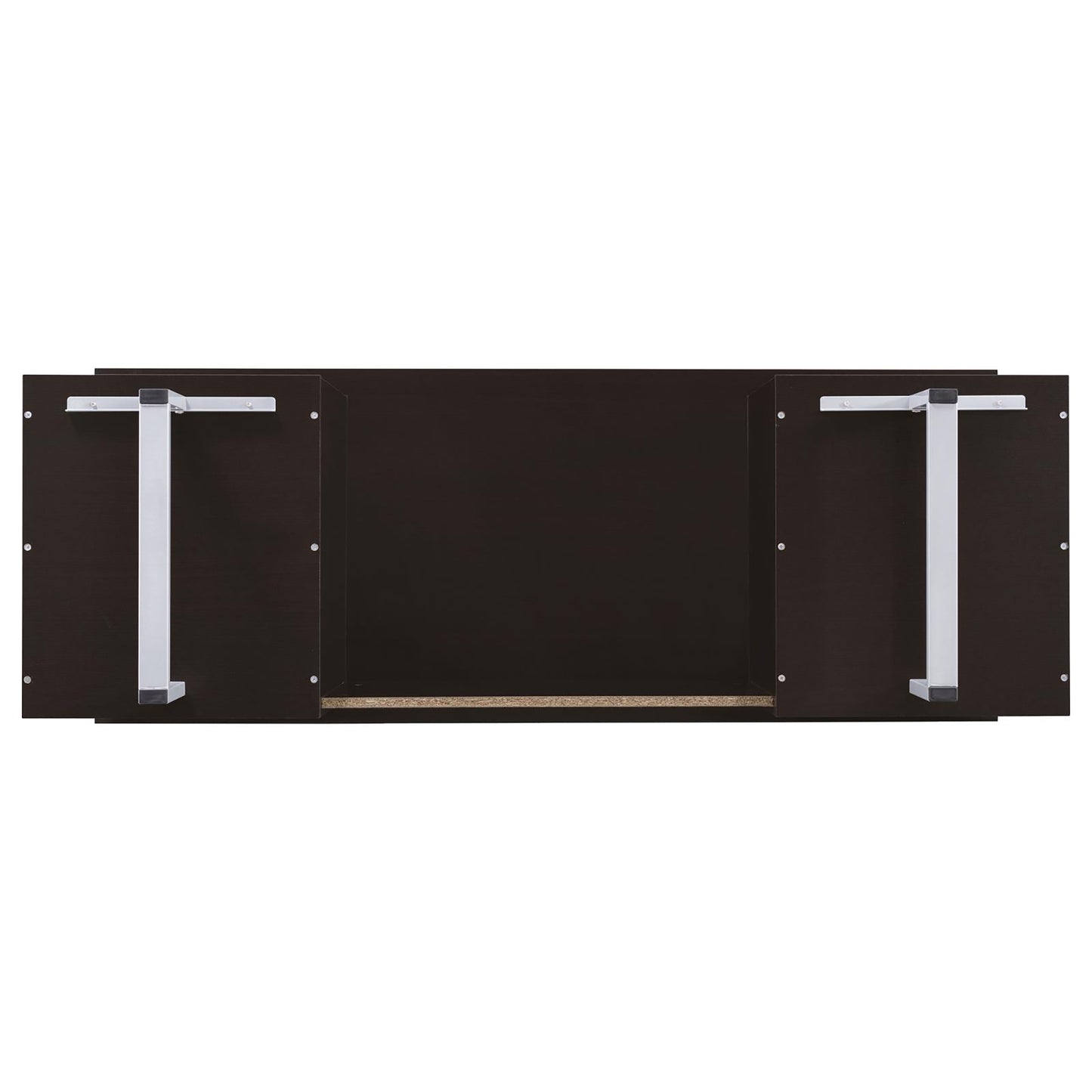 Dark brown desk surface with silver Tshaped legs designed for home office use