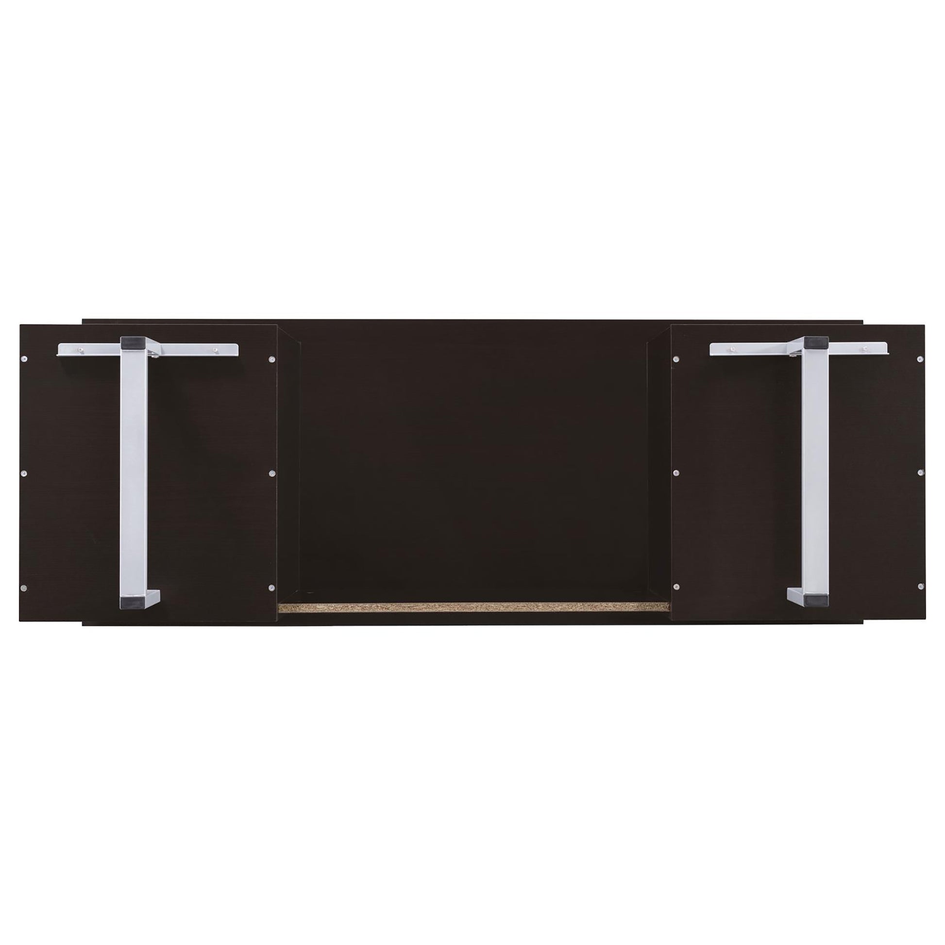 Dark brown desk surface with silver Tshaped legs designed for home office use