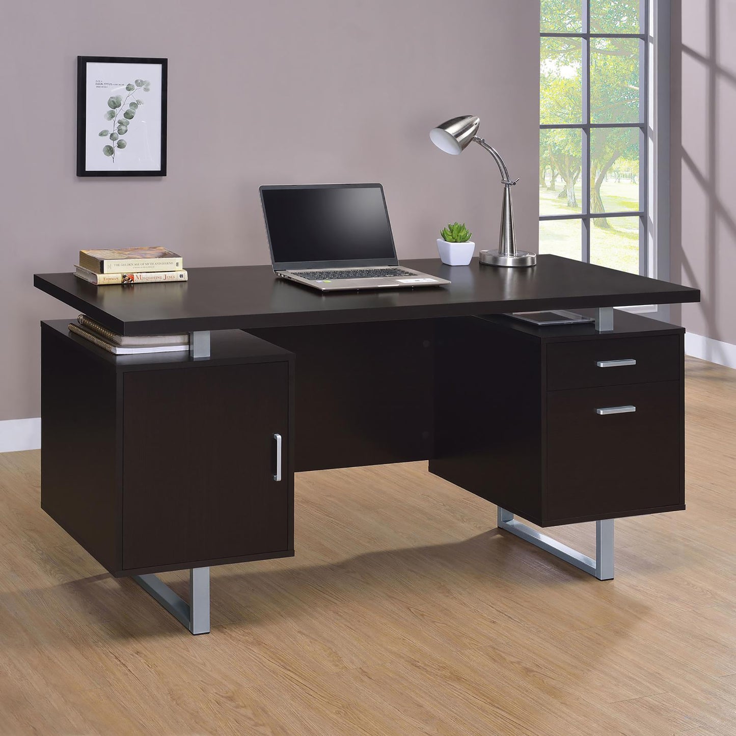 Dark brown executive desk with laptop lamp and storage drawers