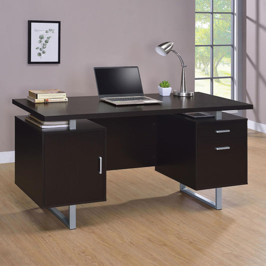 Dark brown executive desk with laptop lamp and storage drawers