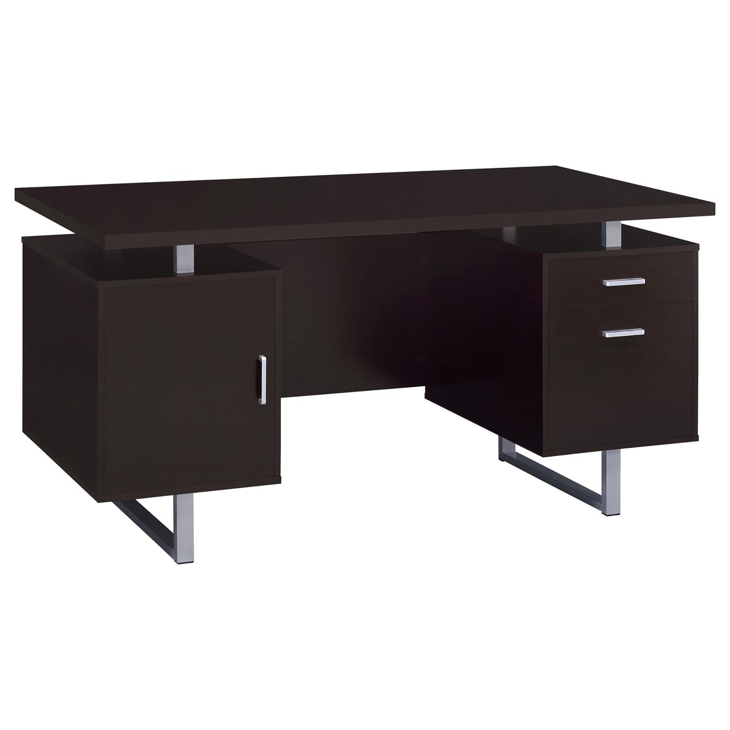 Dark brown modern executive desk with chrome legs featuring a cabinet and two drawers
