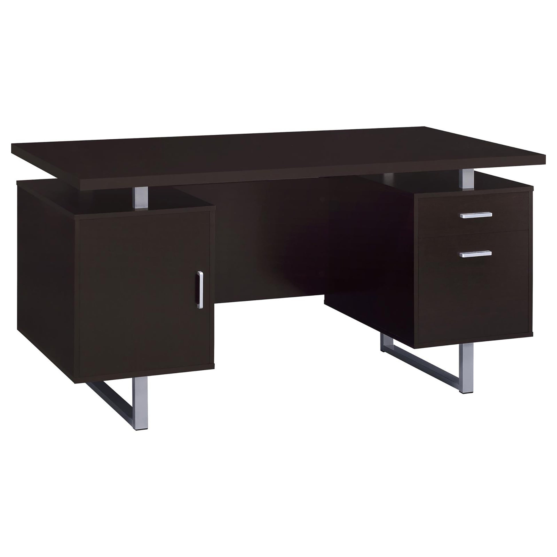 Dark brown modern executive desk with chrome legs featuring a cabinet and two drawers