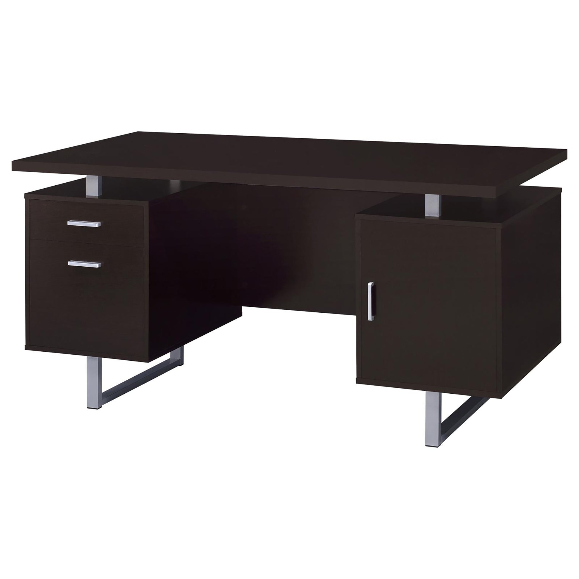 Dark brown executive desk with silver legs and two drawers