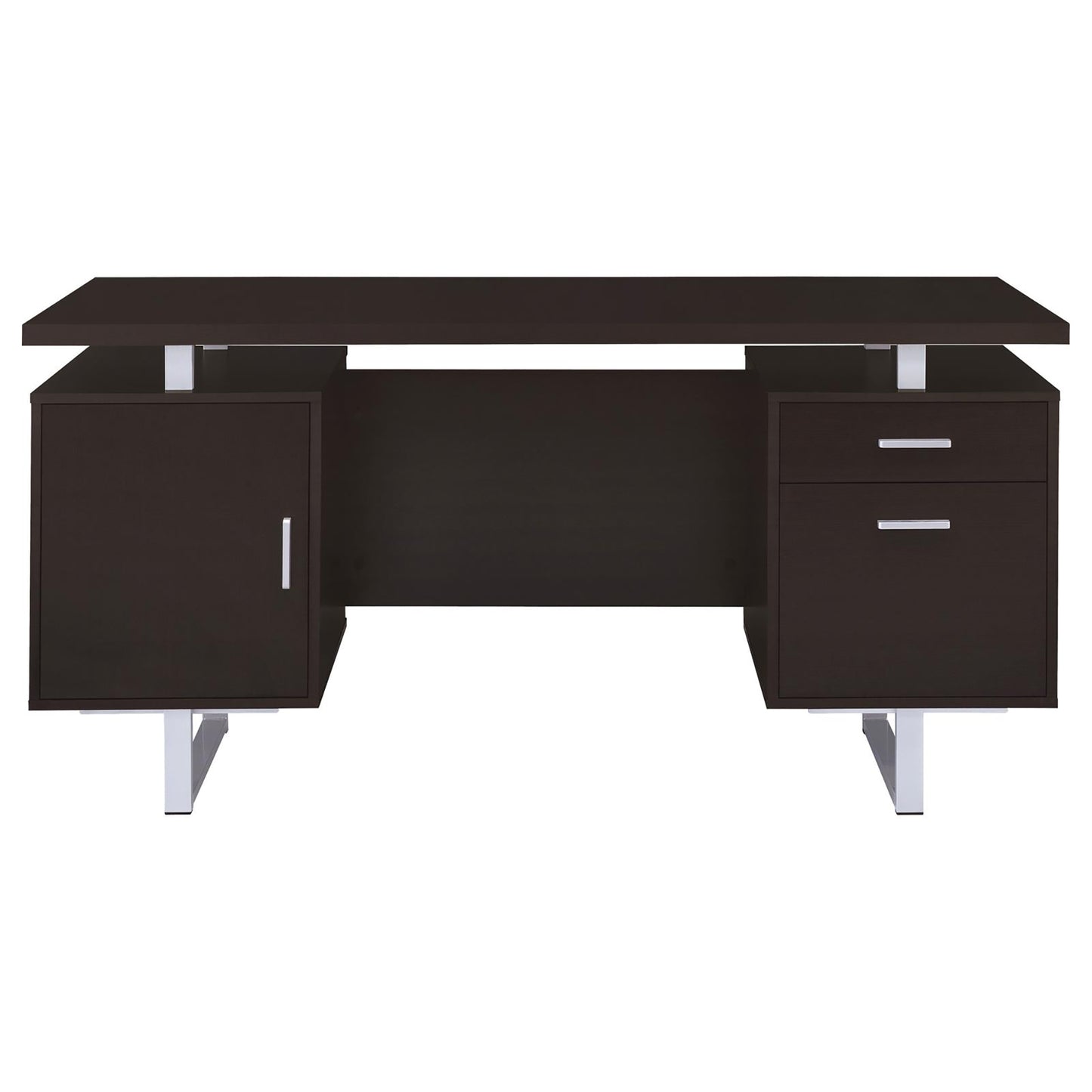 Dark brown modern executive desk with chrome legs two drawers and a cabinet