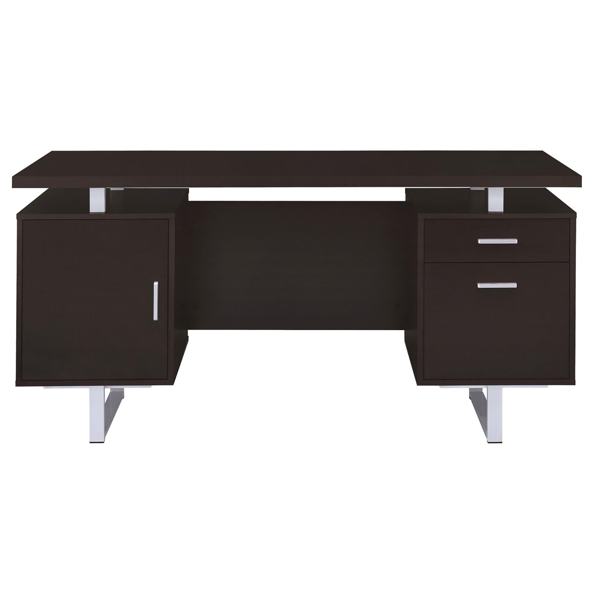 Dark brown modern executive desk with chrome legs two drawers and a cabinet