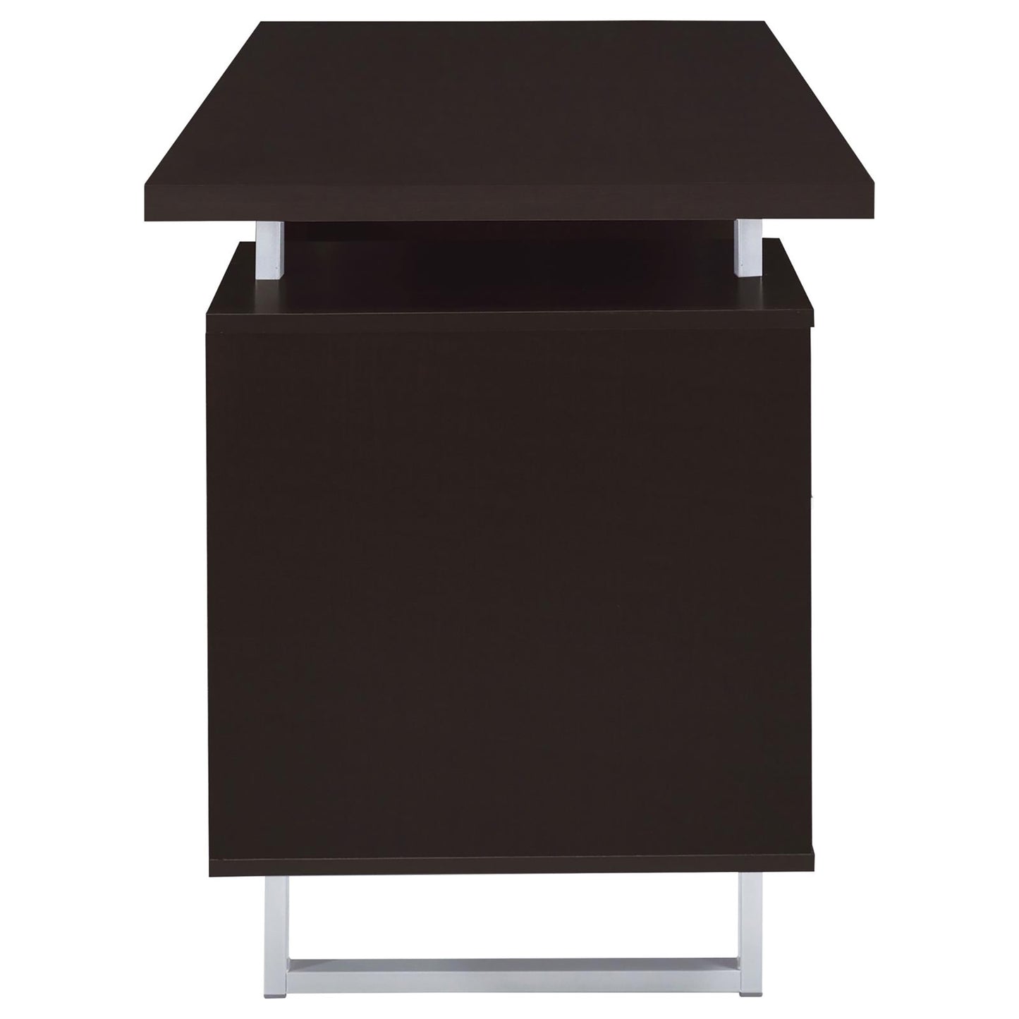 Dark brown modern executive desk with silver metal legs spacious surface and drawer