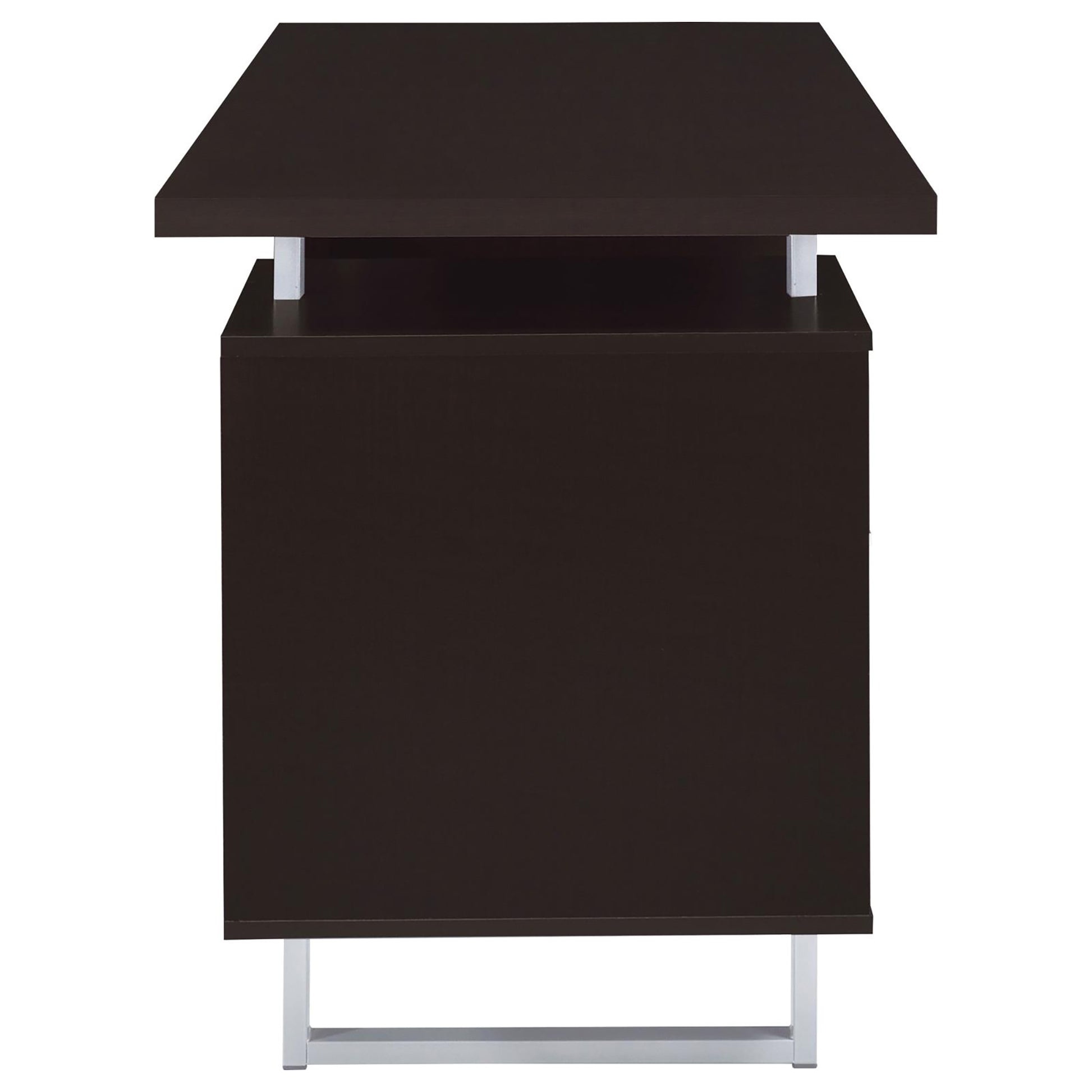 Dark brown modern executive desk with silver metal legs spacious surface and drawer