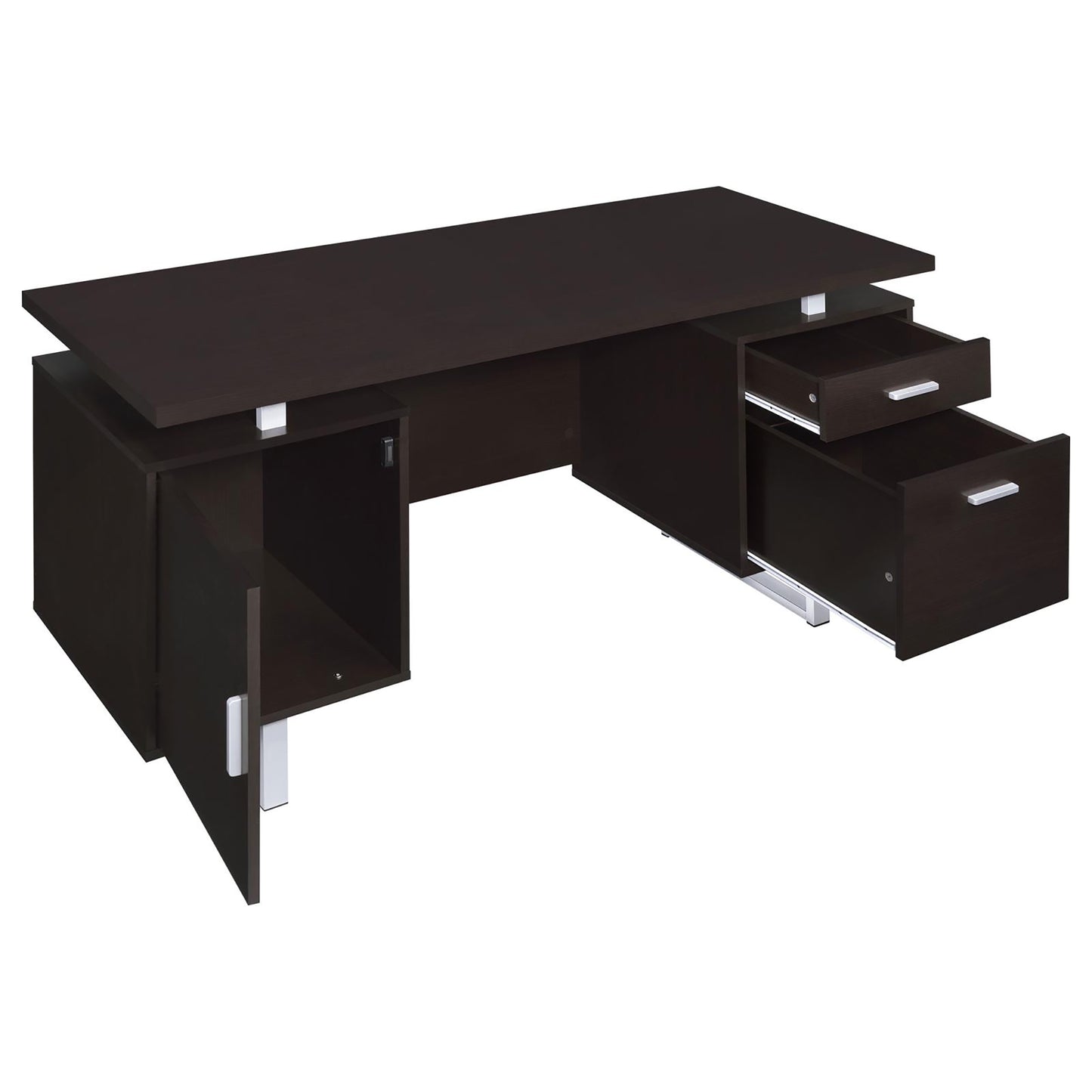 Modern executive desk in dark espresso wood finish with silver hardware and chrome legs