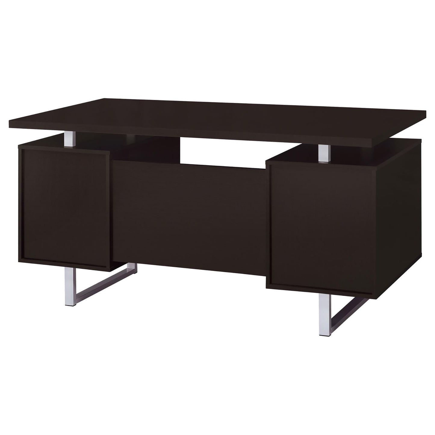 Dark brown executive desk with sleek silver legs and modern design