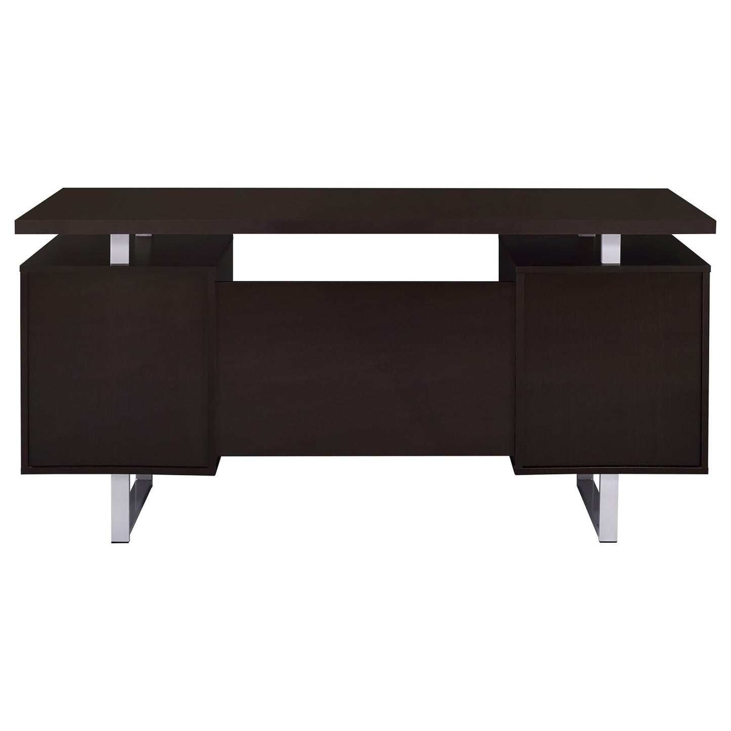 Dark brown executive desk with sleek chrome legs and two side cabinets