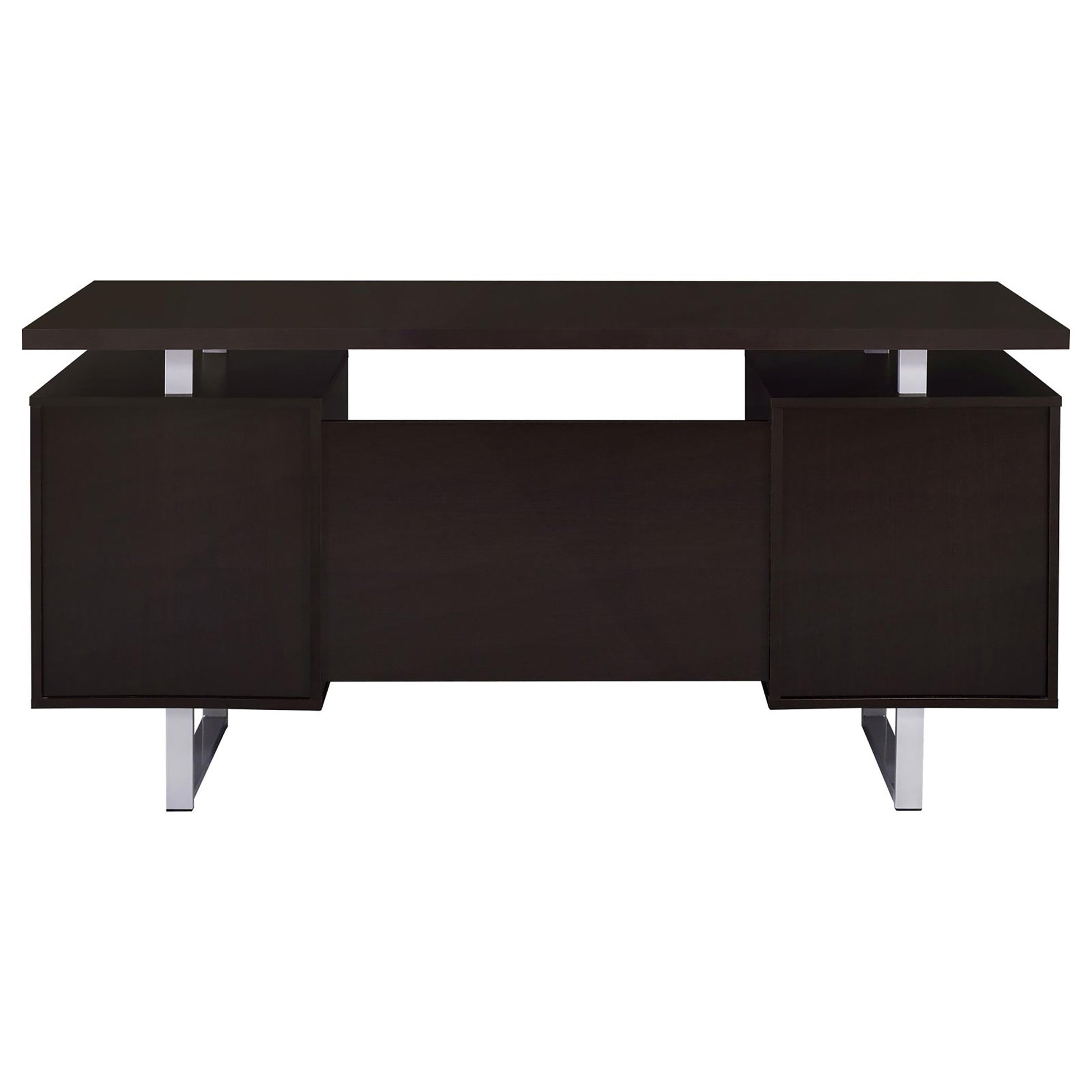 Dark brown executive desk with sleek chrome legs and two side cabinets