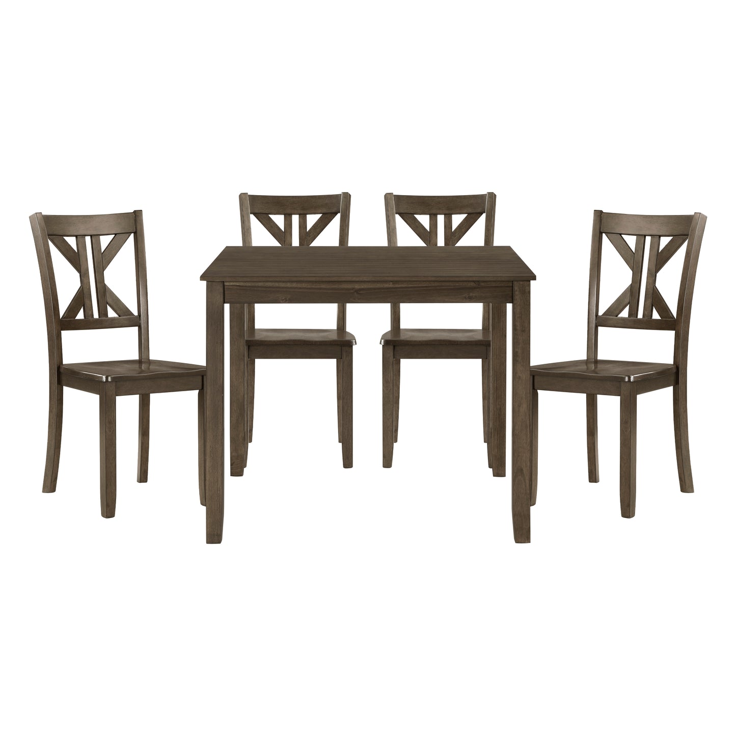 Rustic brown wooden dining table set with four crossback chairs