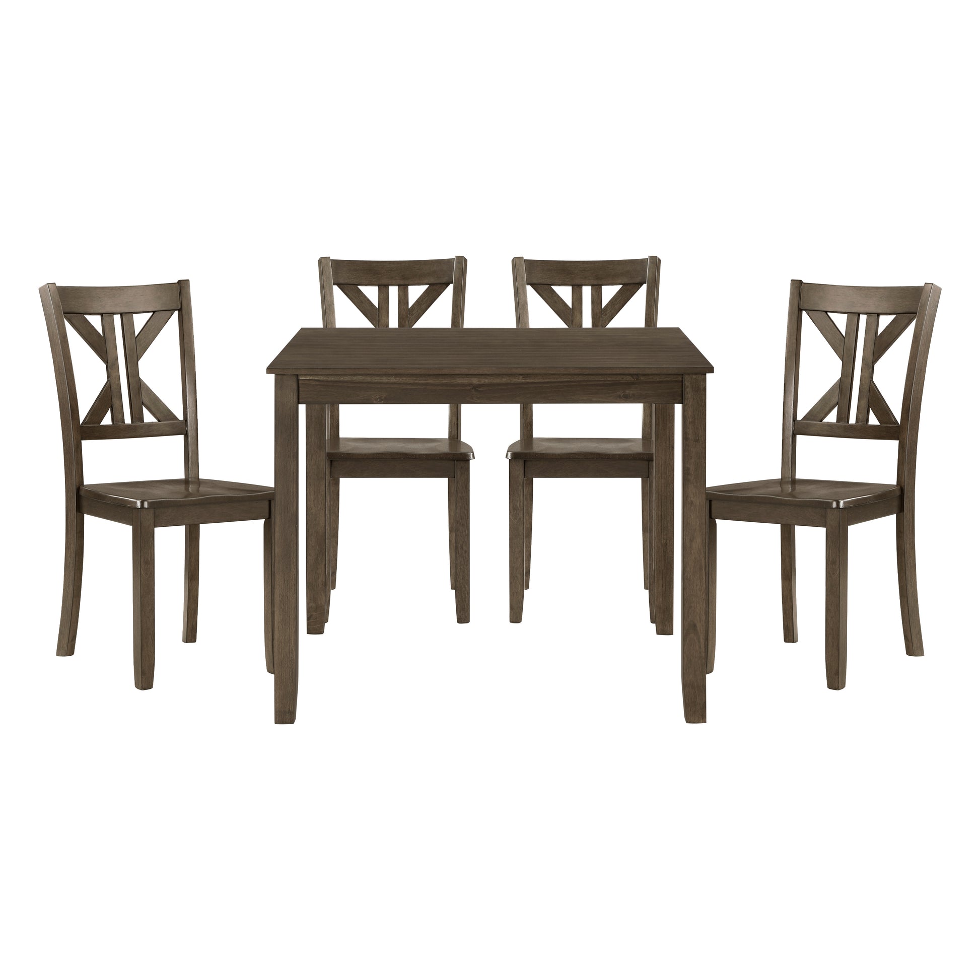 Rustic brown wooden dining table set with four crossback chairs