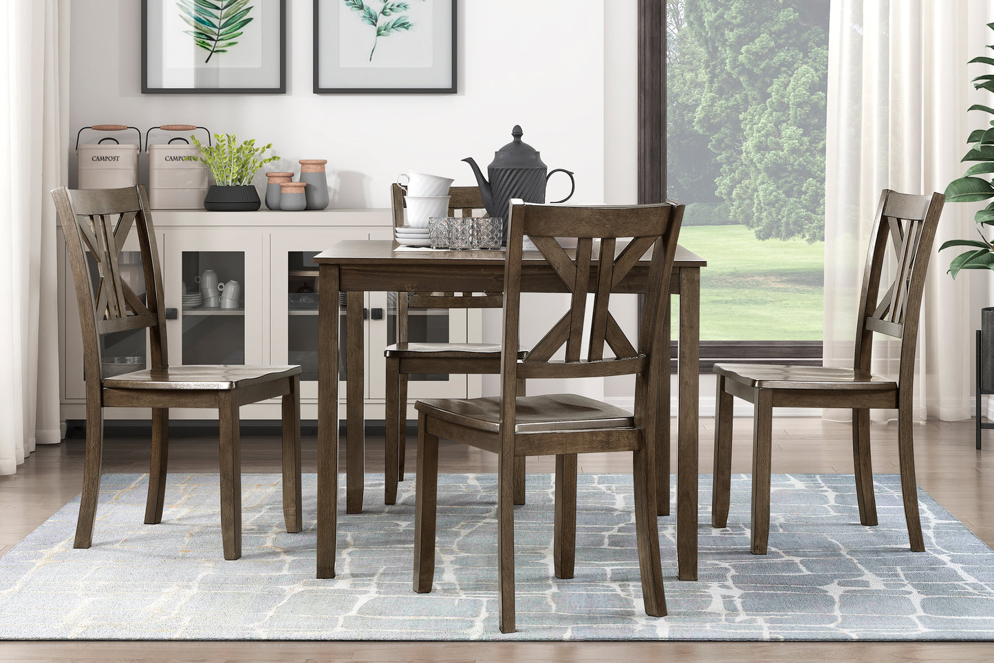 Rustic brown wooden dining chairs with unique Xback design around a dark wood table