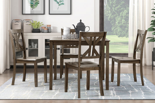 Rustic brown wooden dining chairs with unique Xback design around a dark wood table