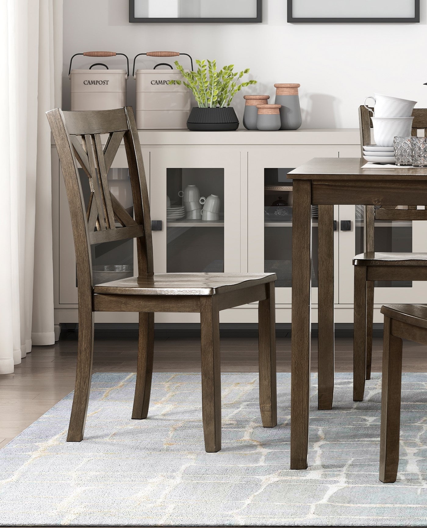 Rustic wooden dining chair with crossback design and dark brown finish