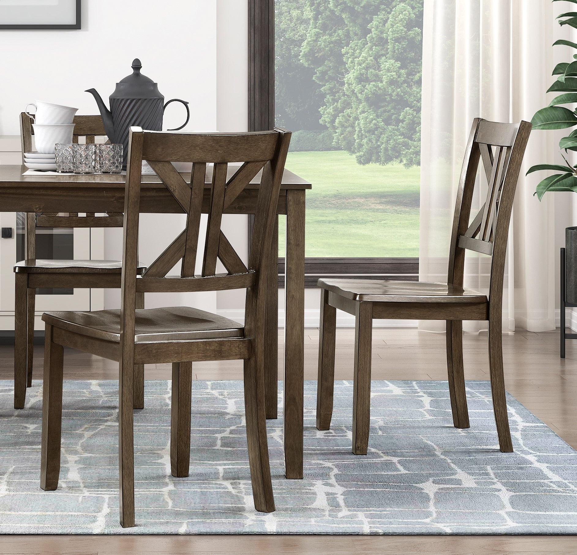 Rustic dark wood dining chair with X back detail for comfortable seating