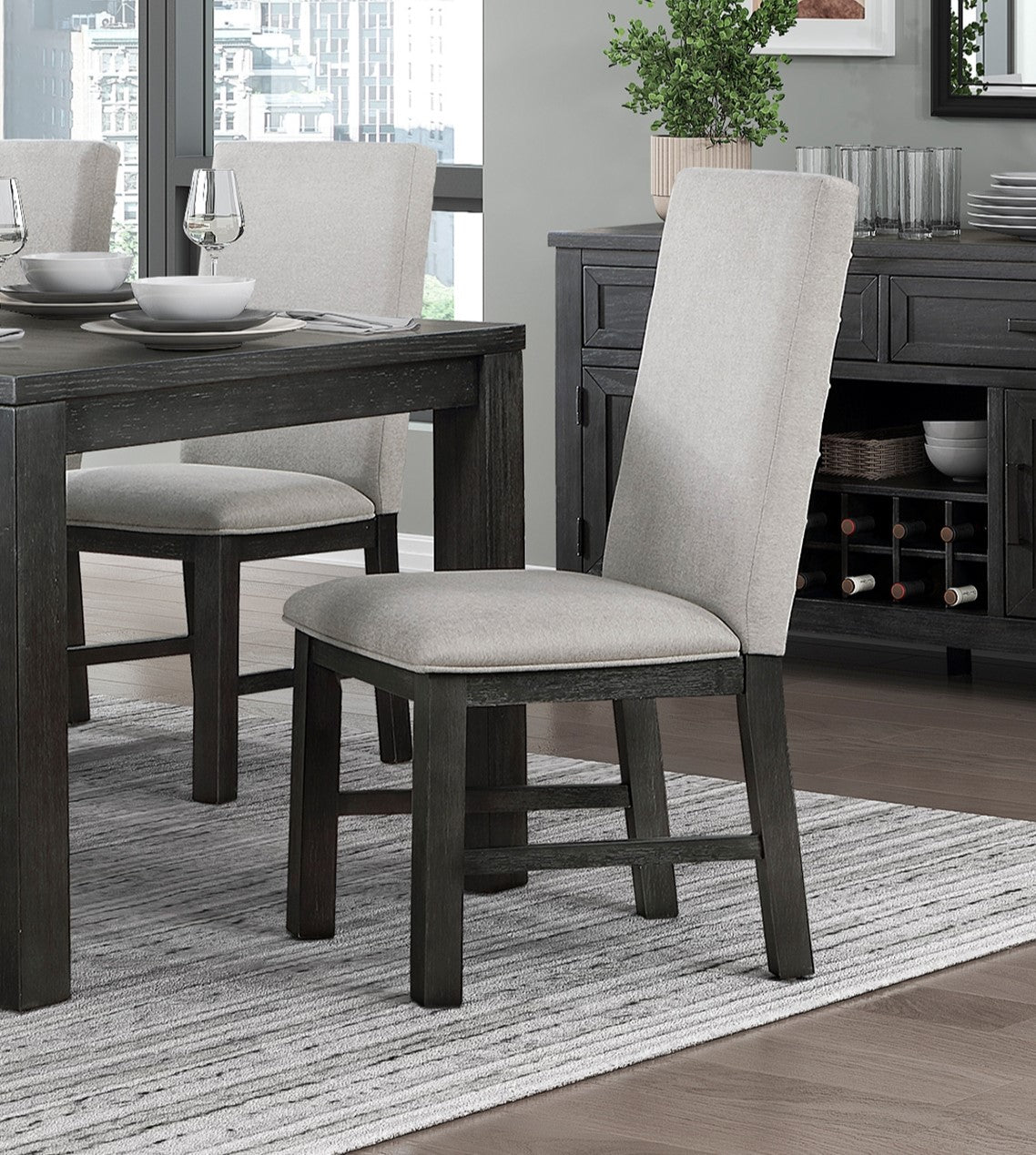 TREATLIFE HOME Set of 2 Gray Upholstered Dining Chairs with Antique Black Finish Wooden Frame for Kitchen or Dining Room