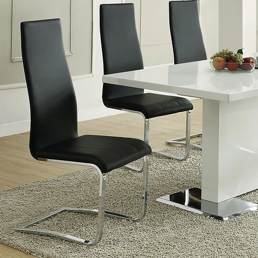Modern black faux leather dining chairs with sleek chrome sled legs