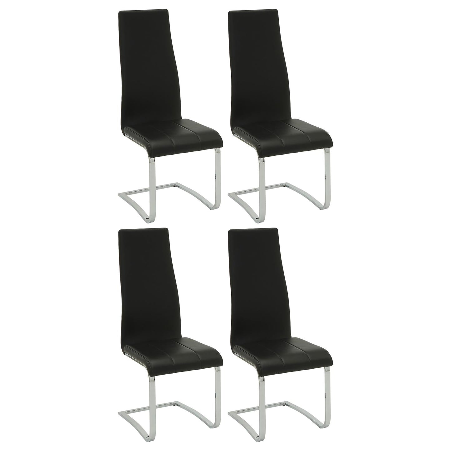 Set of four black faux leather dining chairs with chrome cantilever bases