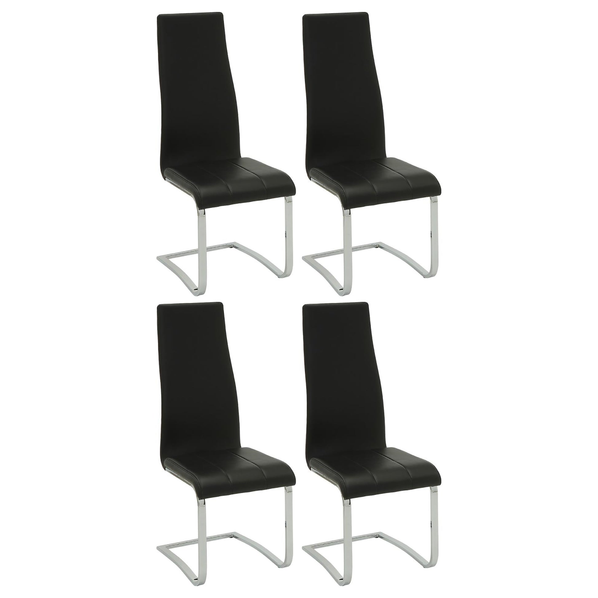 Set of four black faux leather dining chairs with chrome cantilever bases