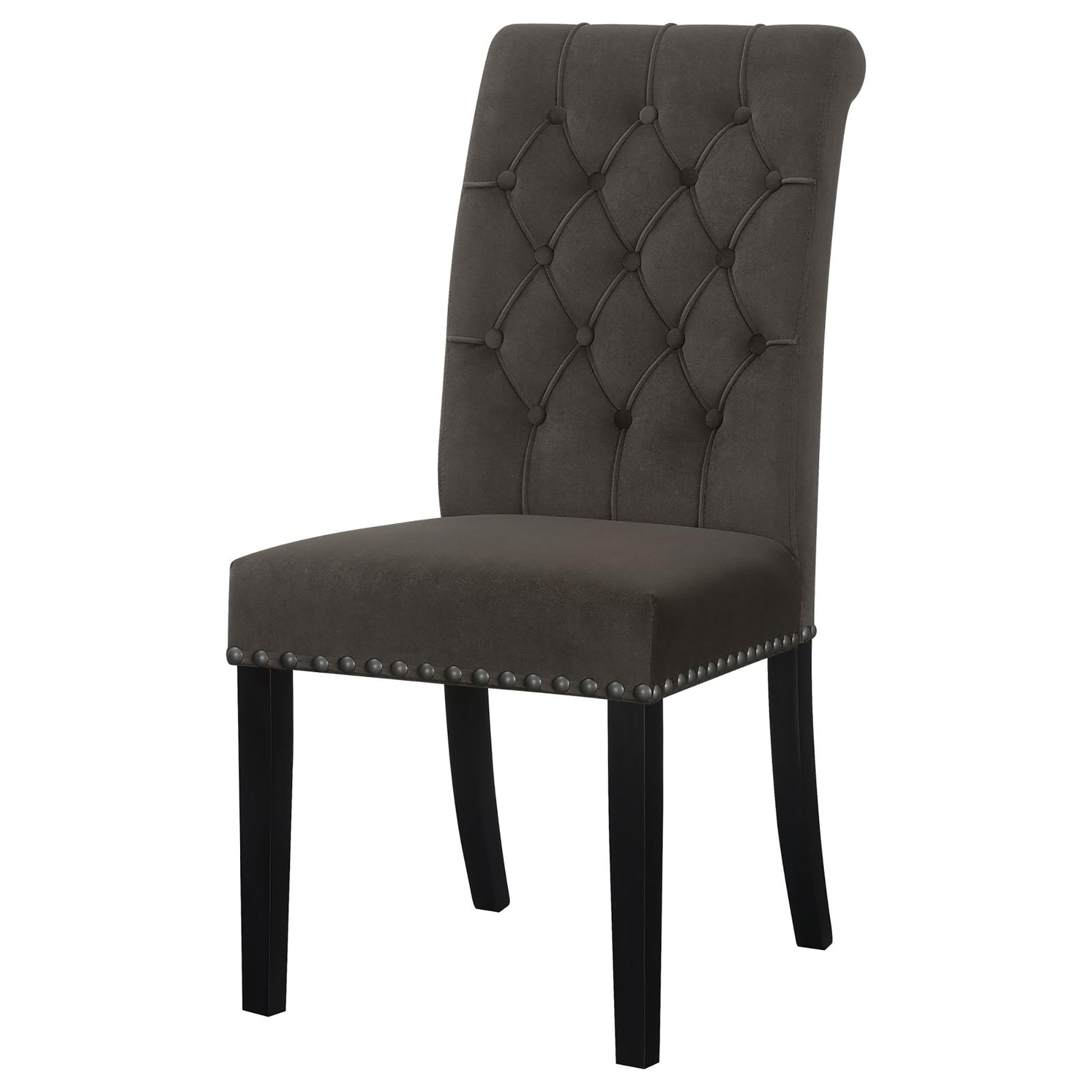 Dark gray tufted velvet dining chair with silver nailhead trim and black wooden legs