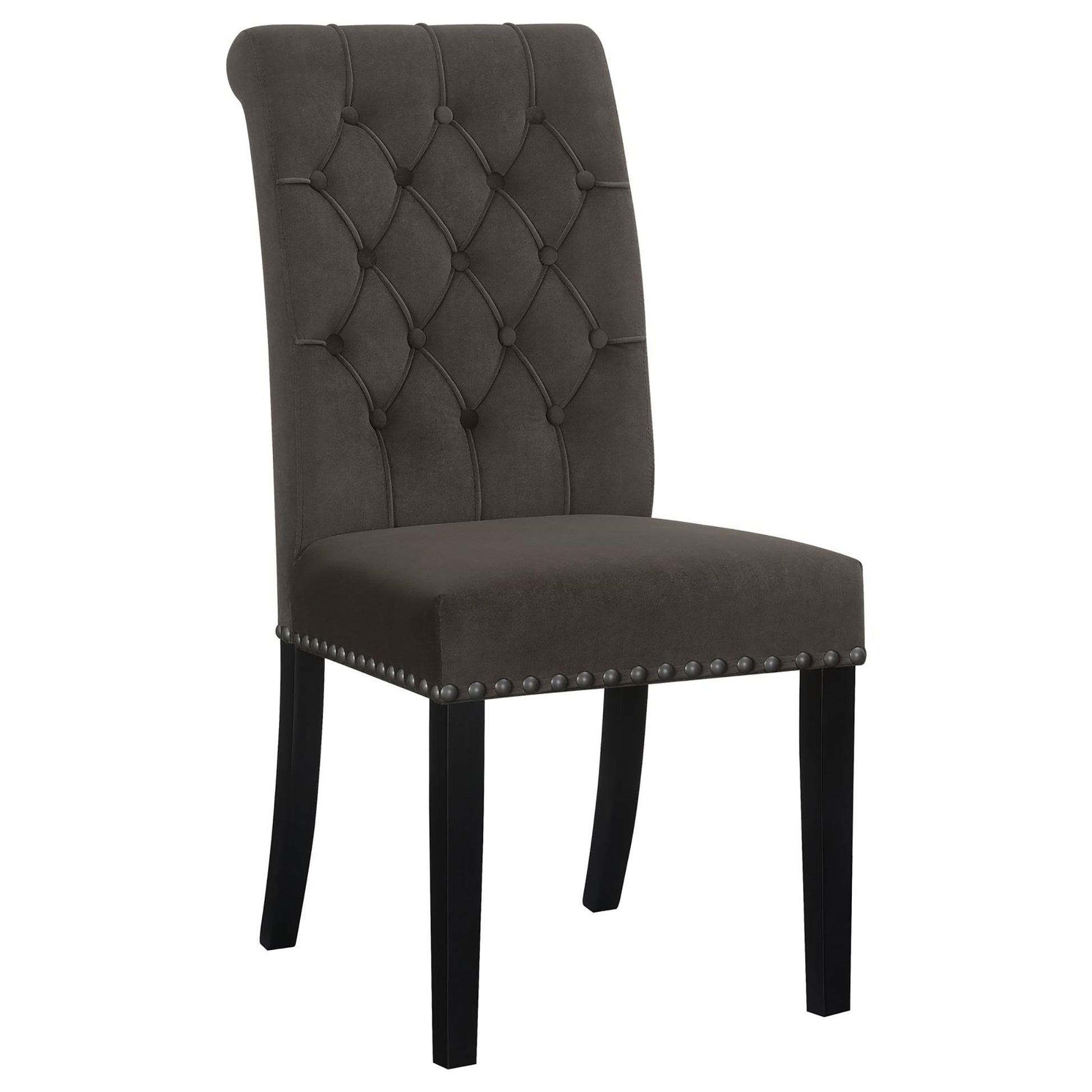 Dark gray tufted dining chair with silver nailhead trim and black legs