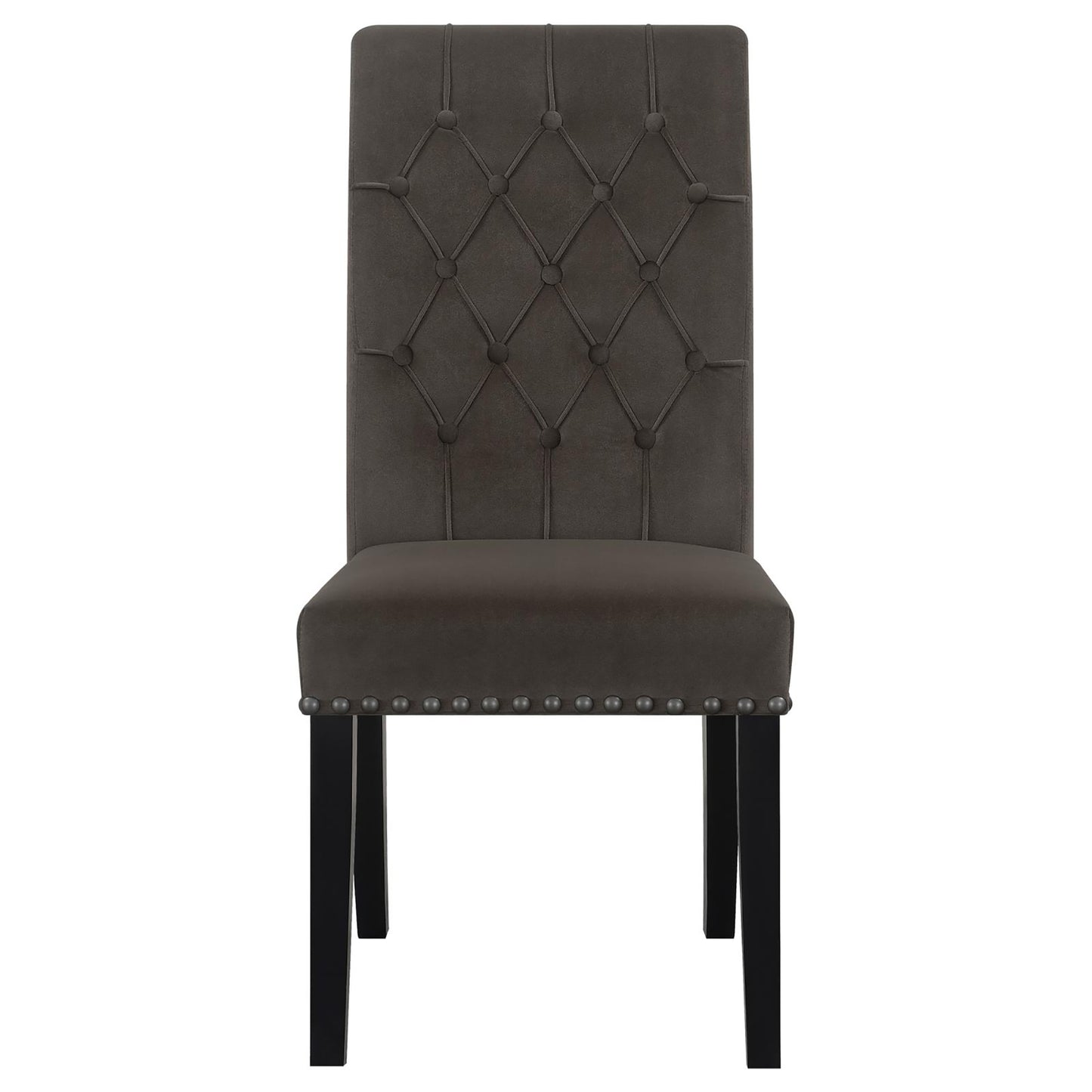 Dark gray velvet dining chair with diamond tufted back and silver nailhead trim