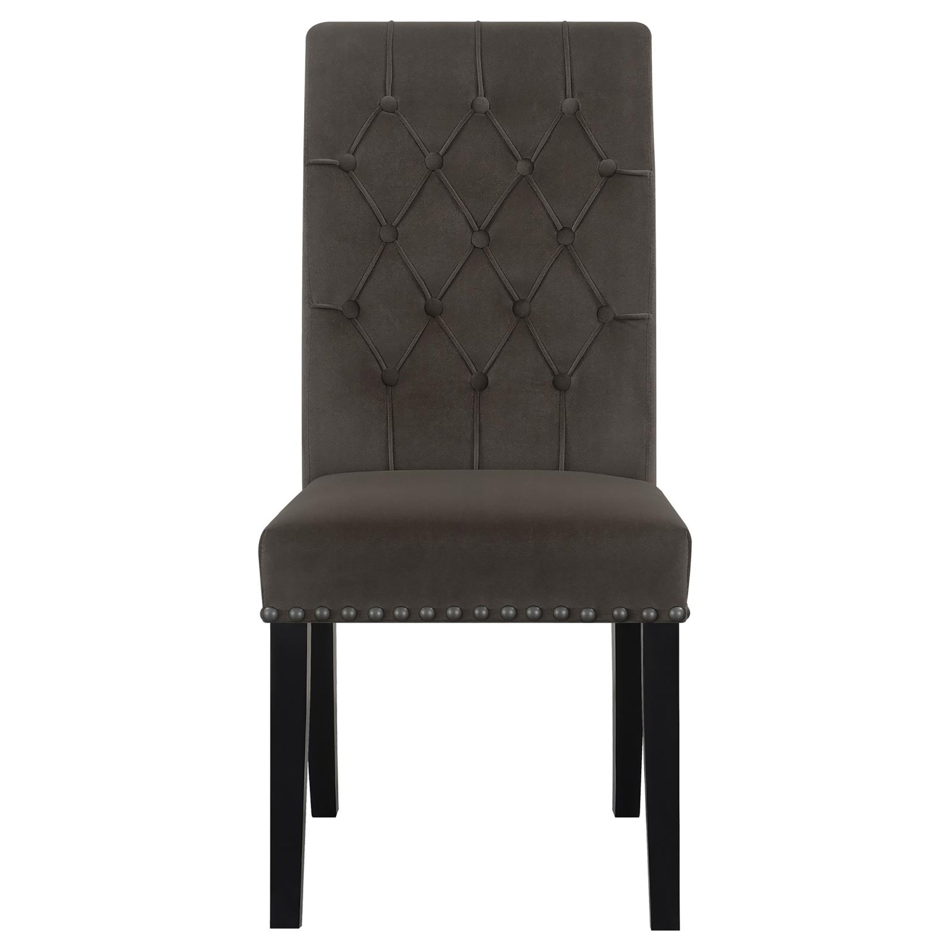 Dark gray velvet dining chair with diamond tufted back and silver nailhead trim
