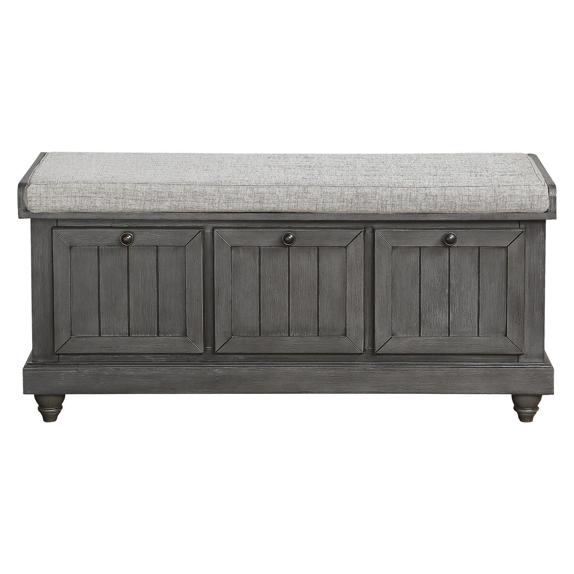 Gray wooden entryway bench with three paneled doors and a cushioned seat