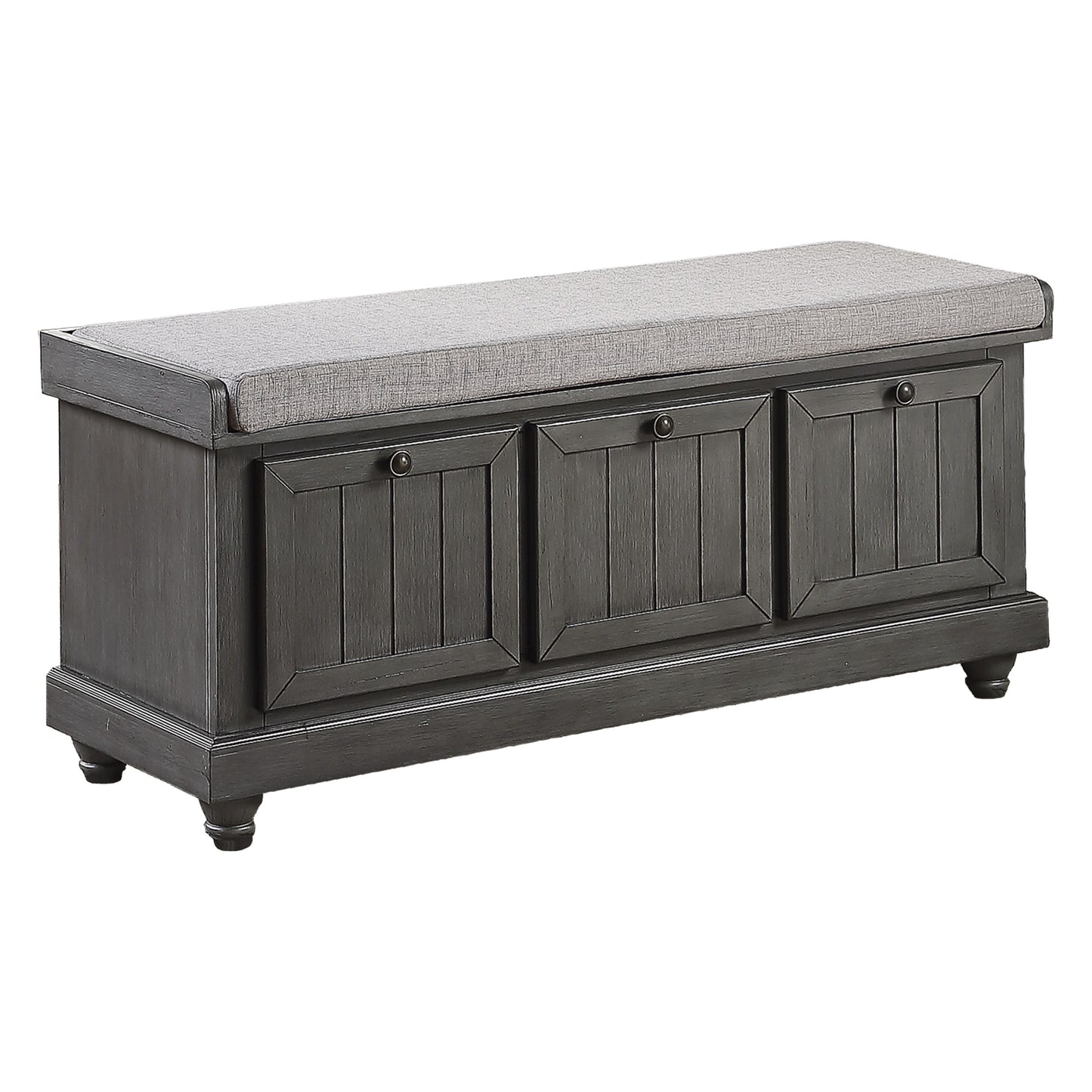 Gray wooden storage bench with upholstered seat and three paneled drawers