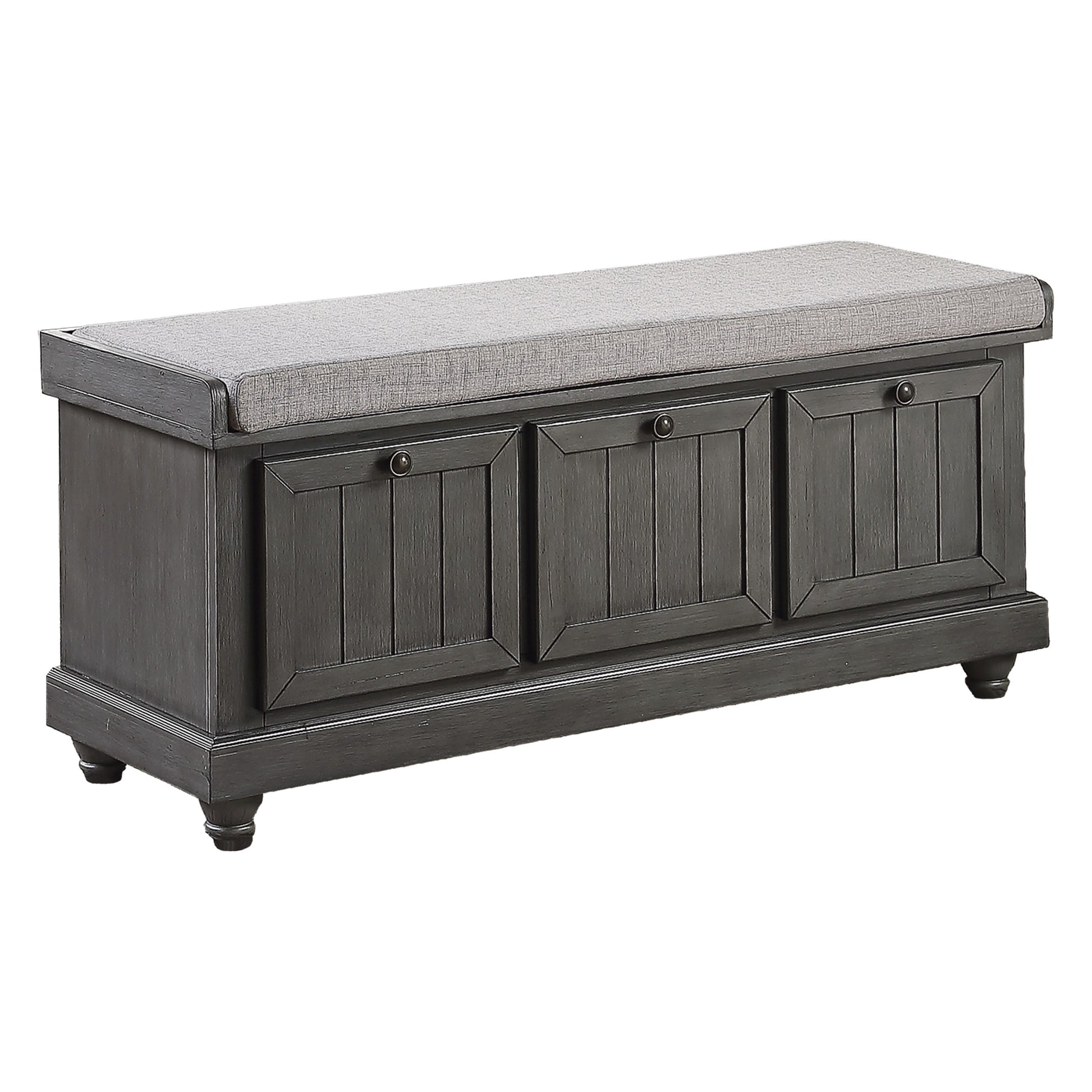 Gray wooden storage bench with upholstered seat and three paneled drawers