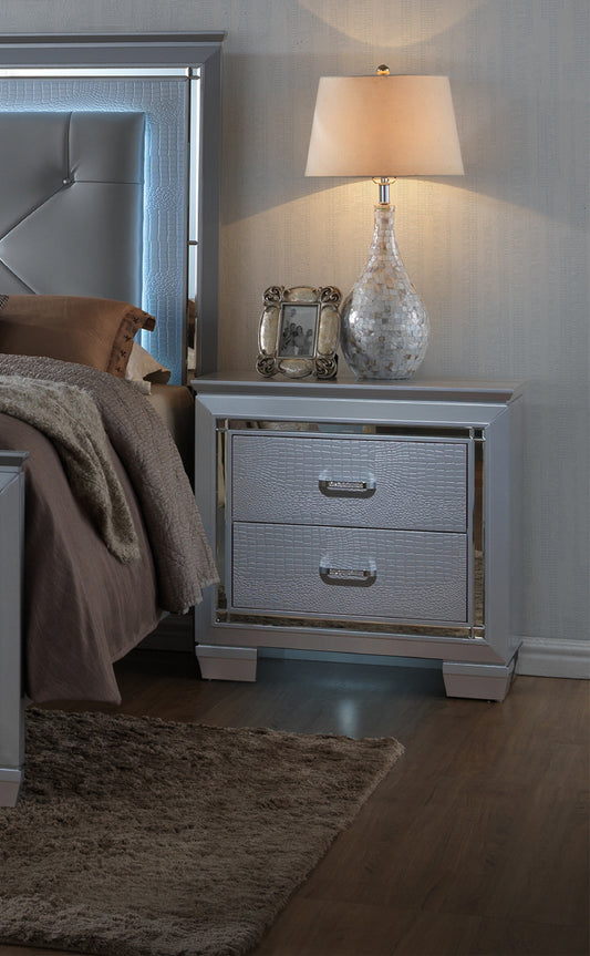 Silver crocodileembossed nightstand with mirrored trim and crystal drawer pulls