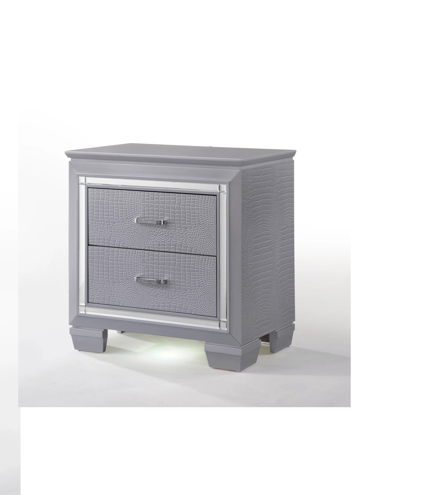 Grey crocodiletextured twodrawer nightstand with mirrored trim and silver hardware