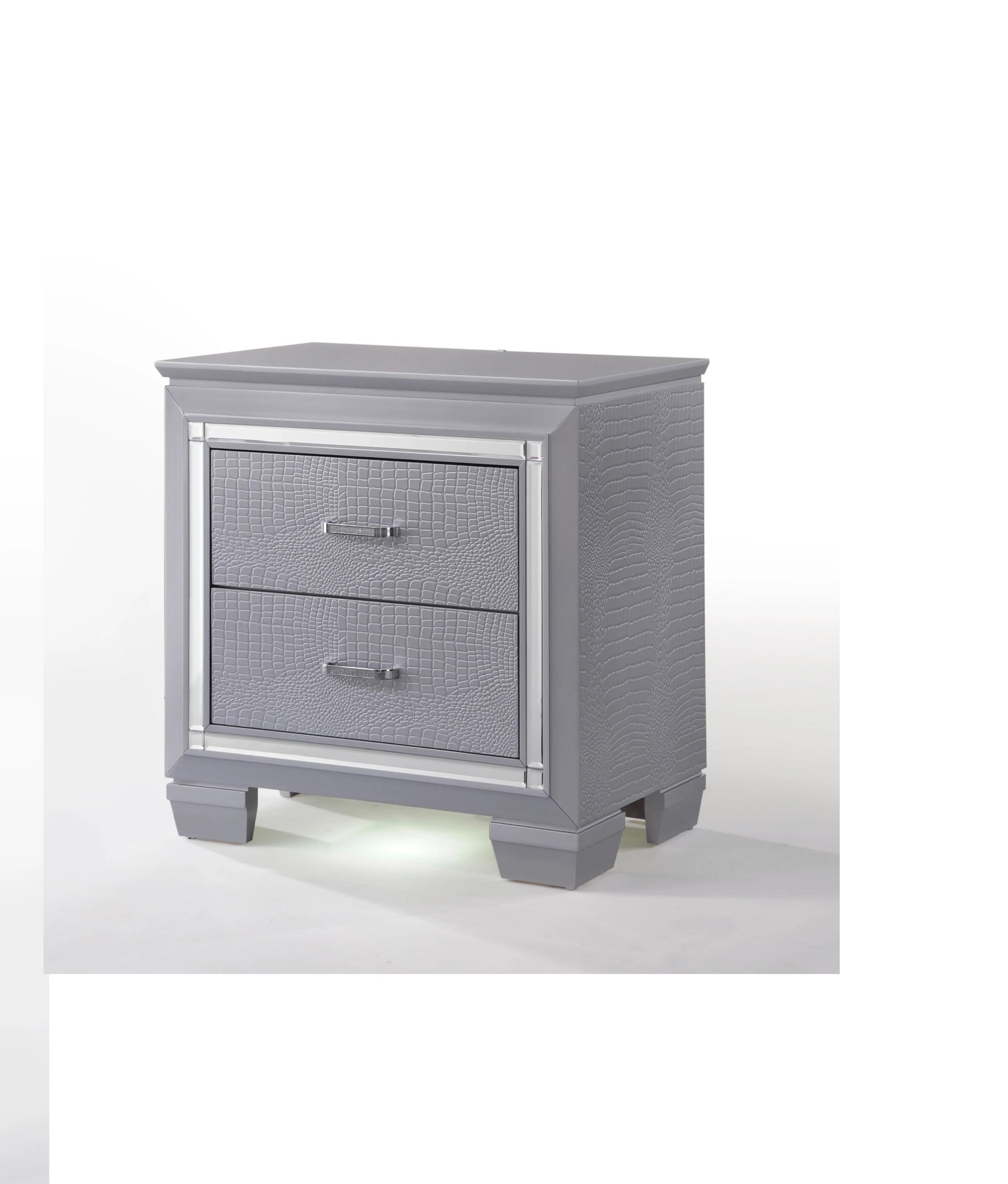 Grey crocodiletextured twodrawer nightstand with mirrored trim and silver hardware