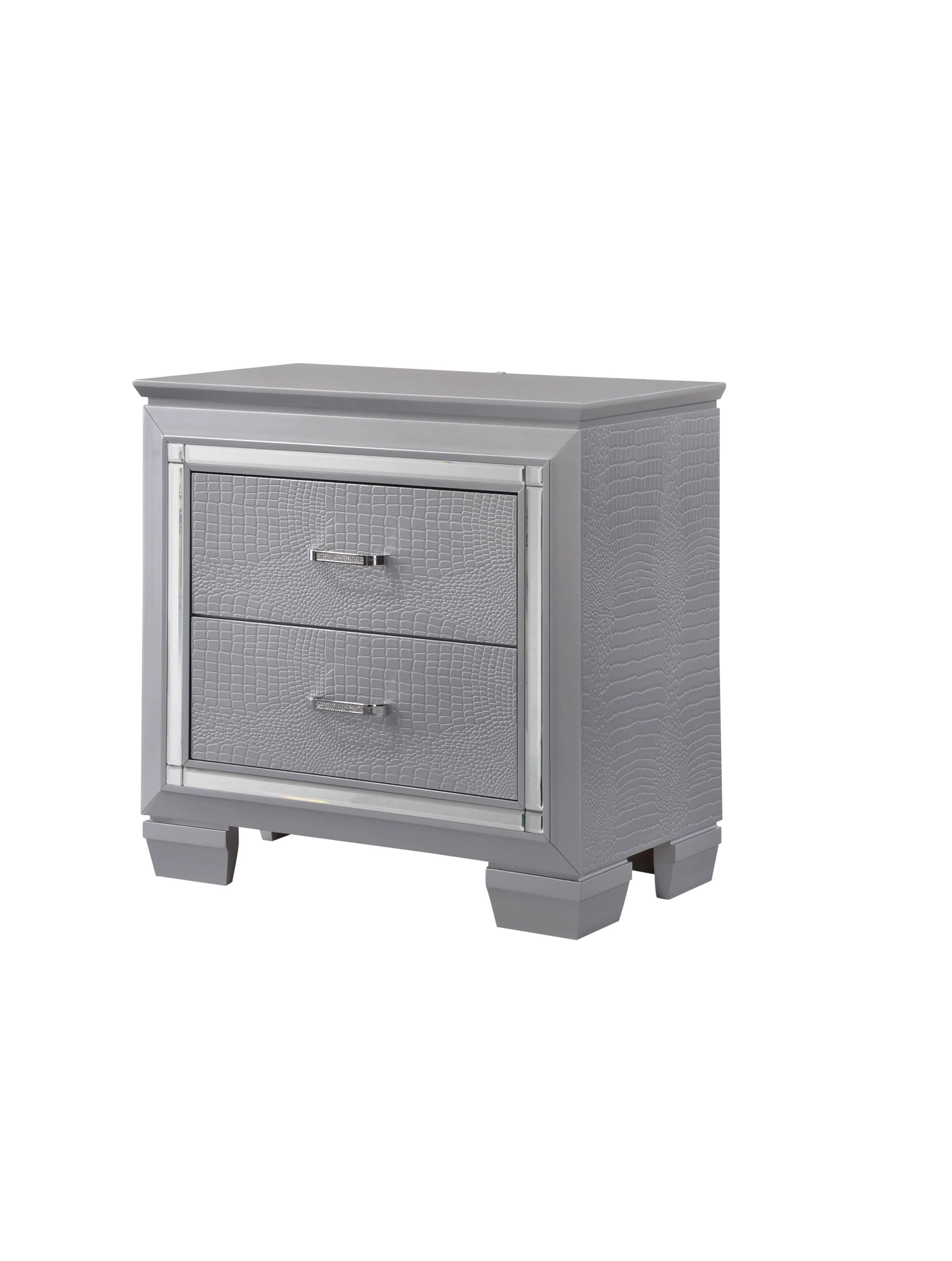 Gray alligator embossed nightstand with two drawers and silver hardware