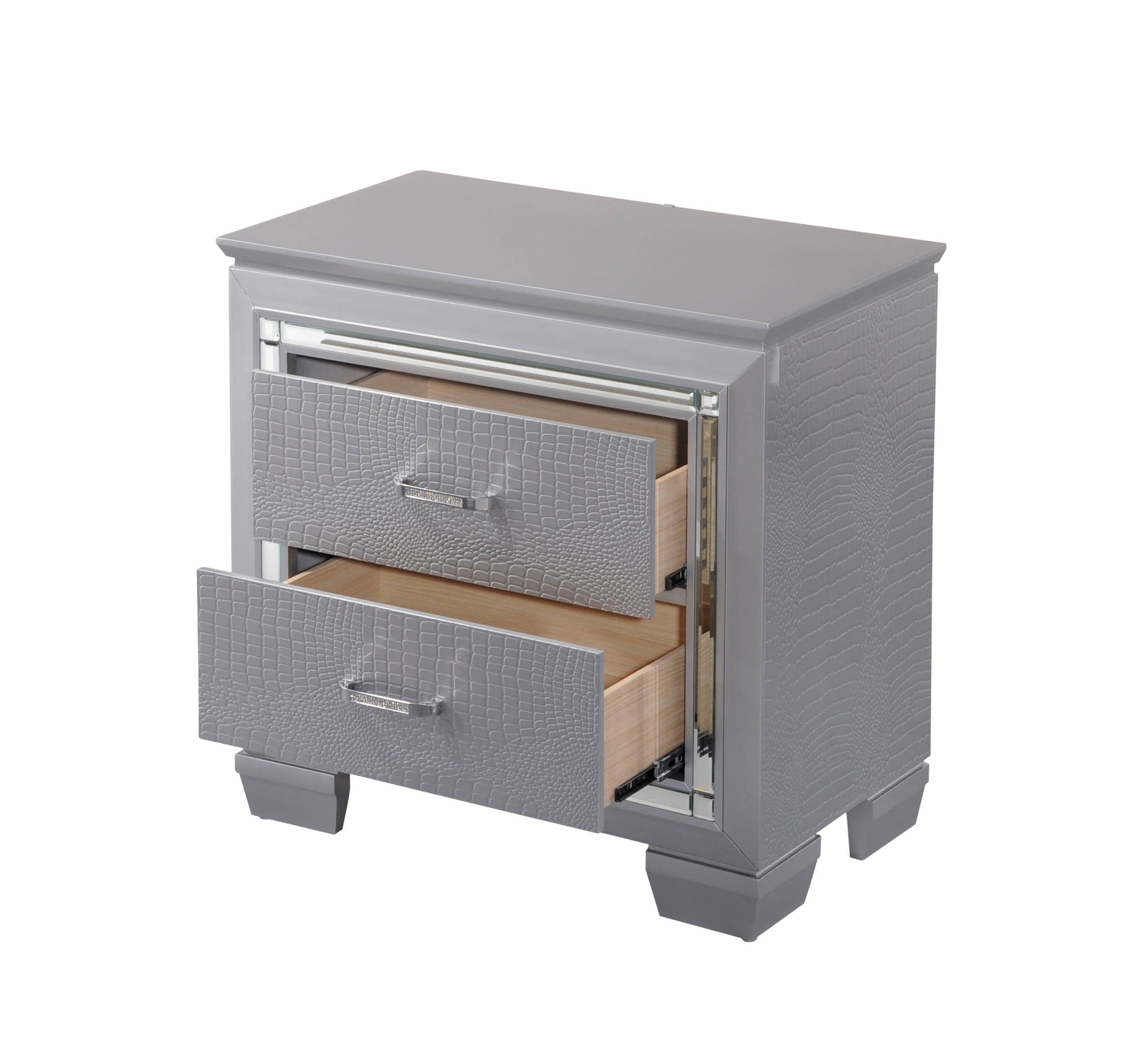 Gray faux alligator skin nightstand with mirrored accents and crystal handles