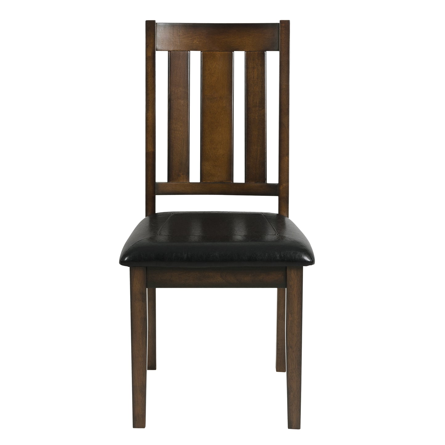 Dark brown wooden dining chair with black faux leather seat