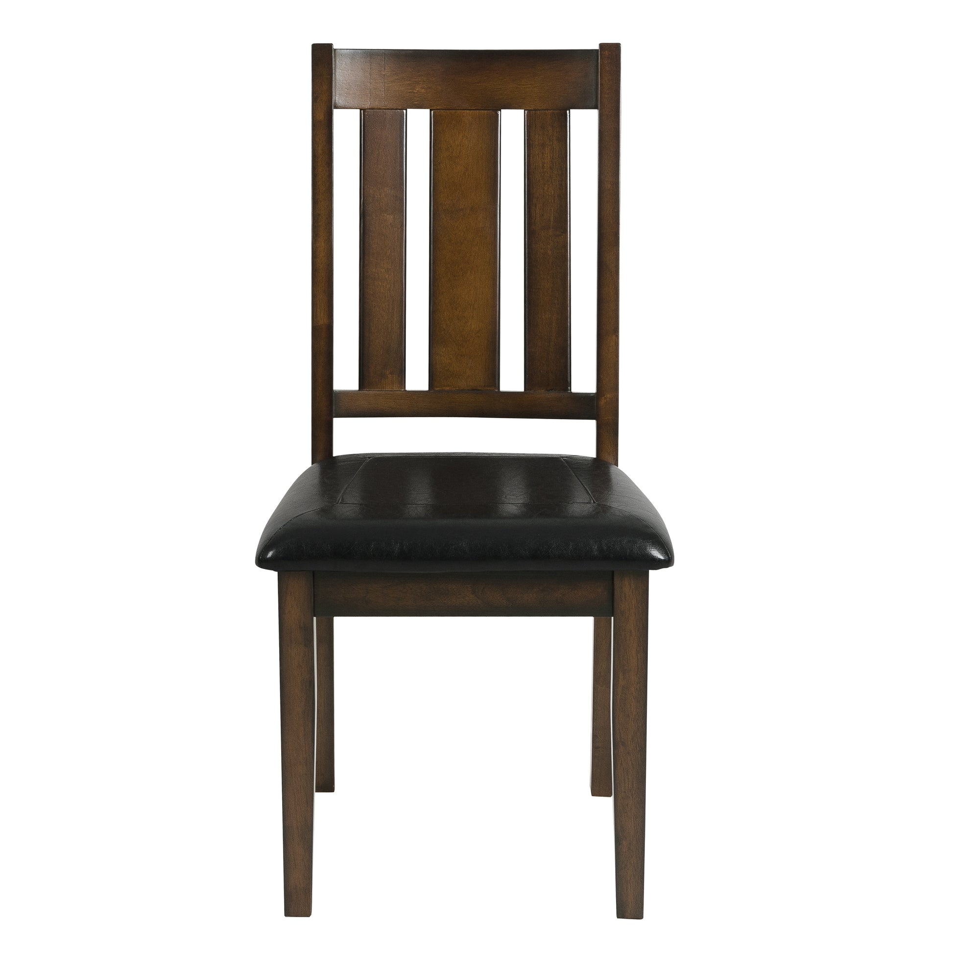 Dark brown wooden dining chair with black faux leather seat