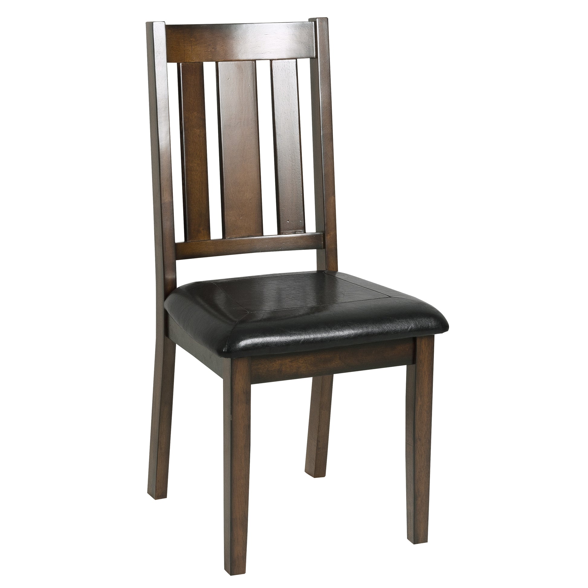 Dark wood dining chair with black faux leather seat featuring a slatted backrest for a modern aesthetic