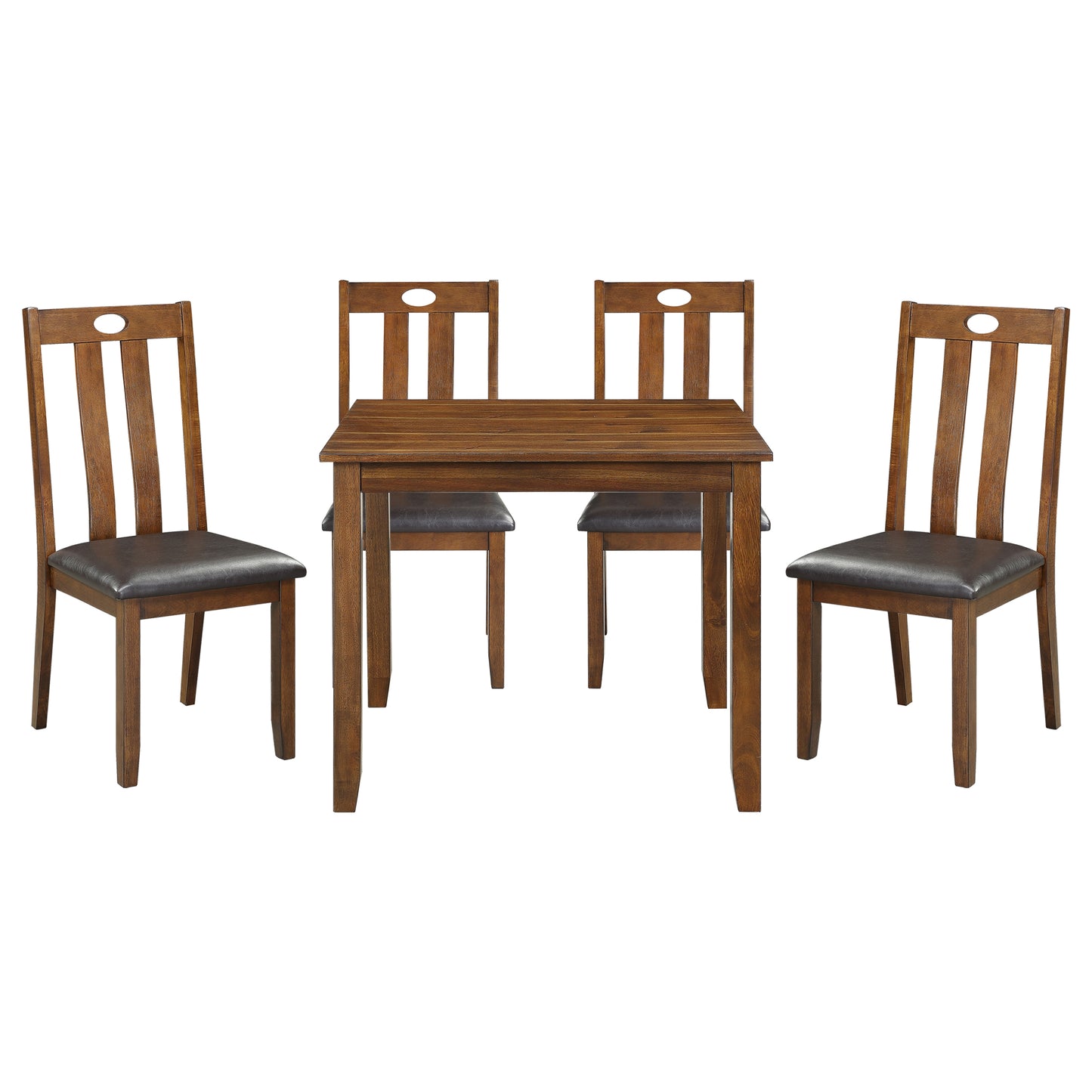 Wooden dining table and four upholstered chairs with oval cutouts in chair backs
