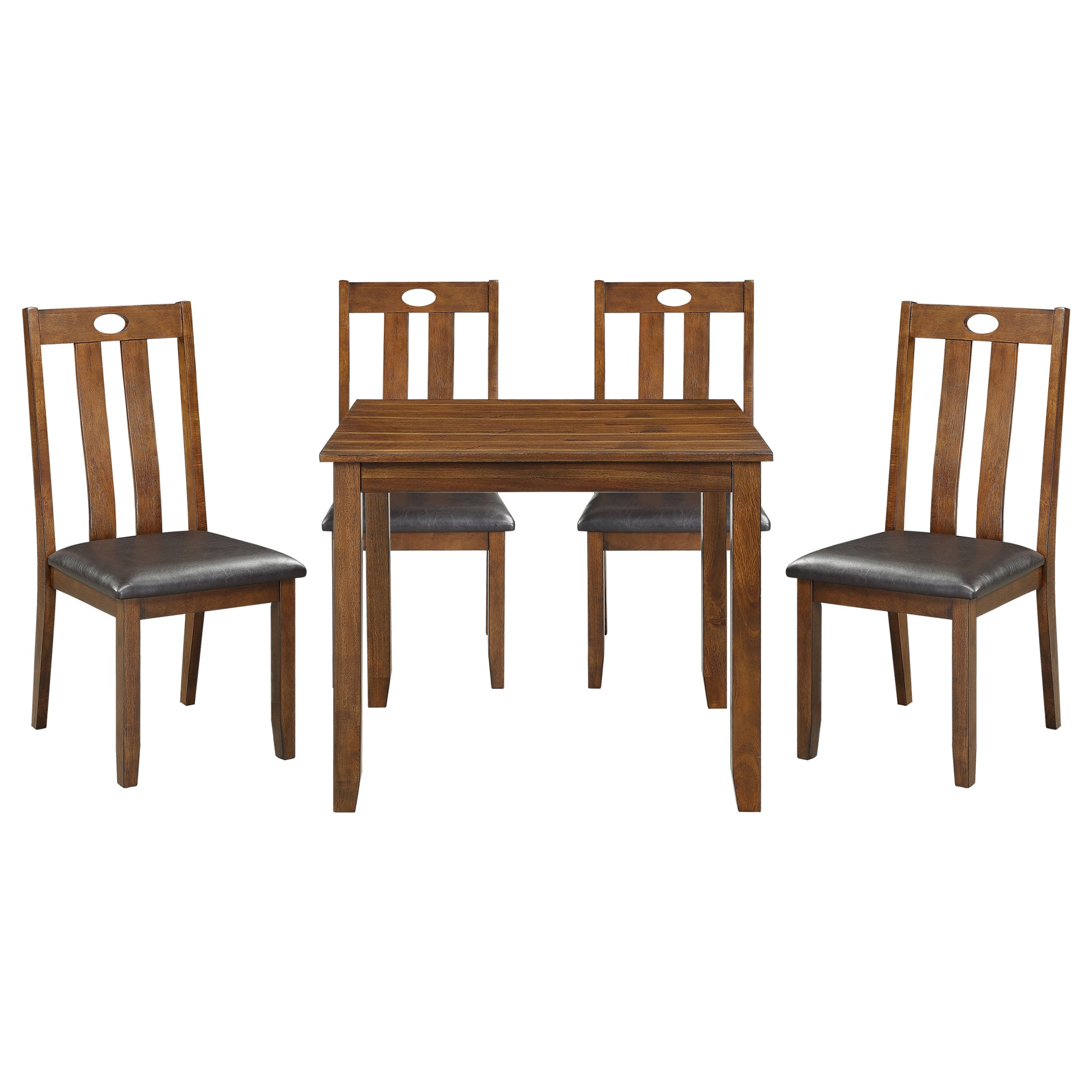 Wooden dining table and four upholstered chairs with oval cutouts in chair backs