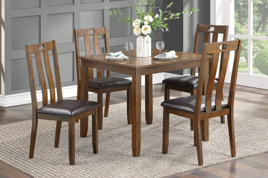 Square oak dining table with four wooden chairs and brown upholstered seats