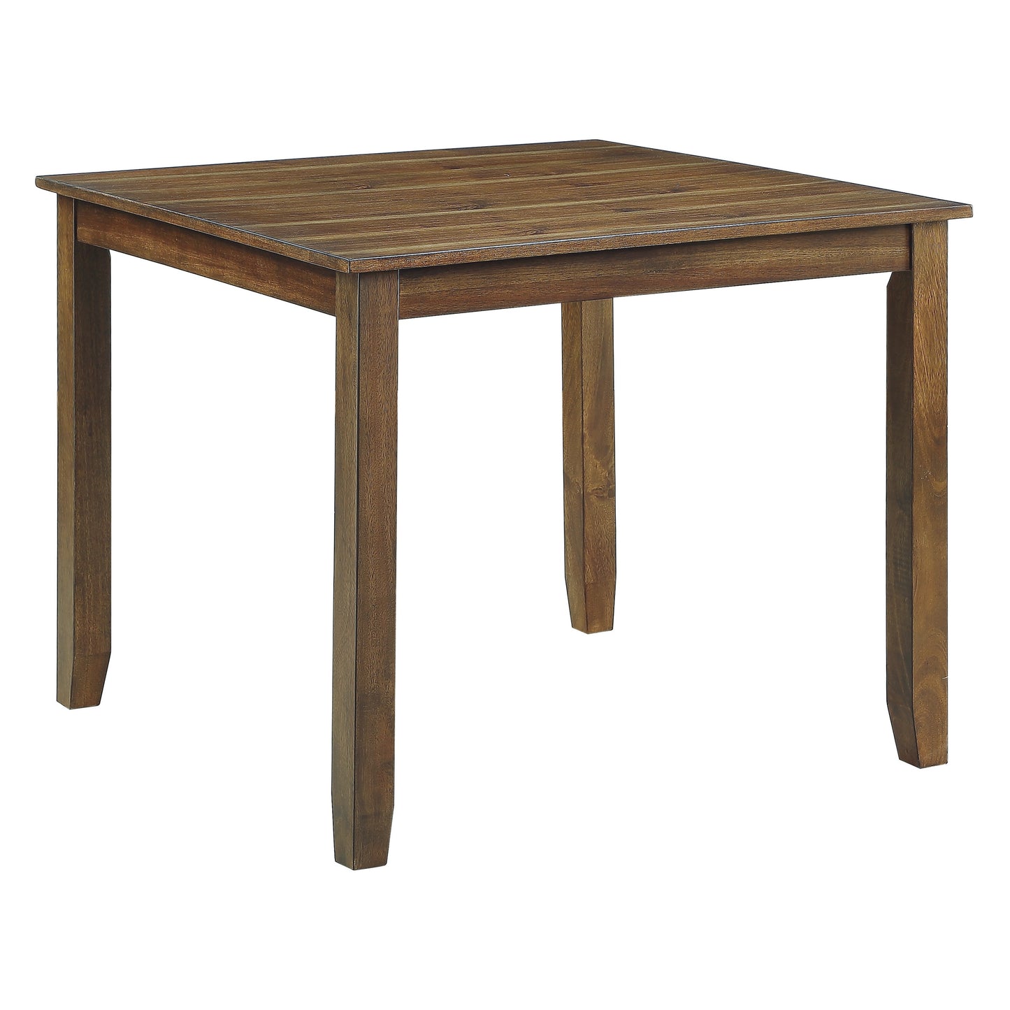 Square dark wood dining table with natural grain texture and four tapered legs