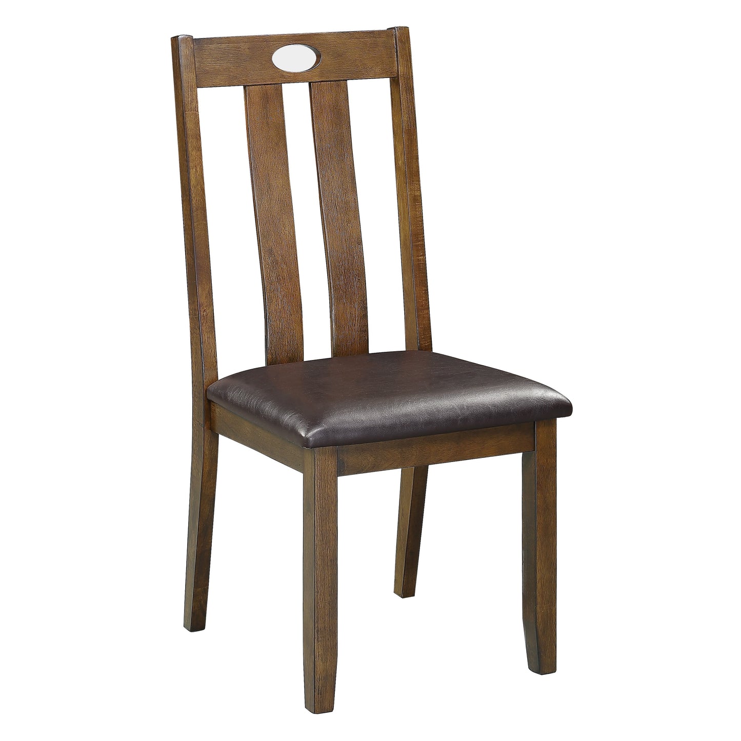 Dark brown wooden dining chair with upholstered seat and slatted back